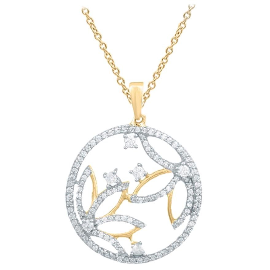 TJD 0.50 Carat Round Diamond 14K Yellow Gold Designer Floral Circular Pendant