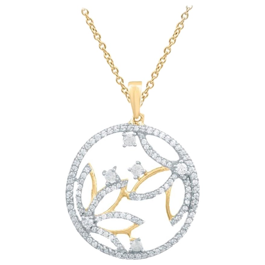 TJD 0.50 Carat Round Diamond 14K Yellow Gold Designer Floral Circular Pendant