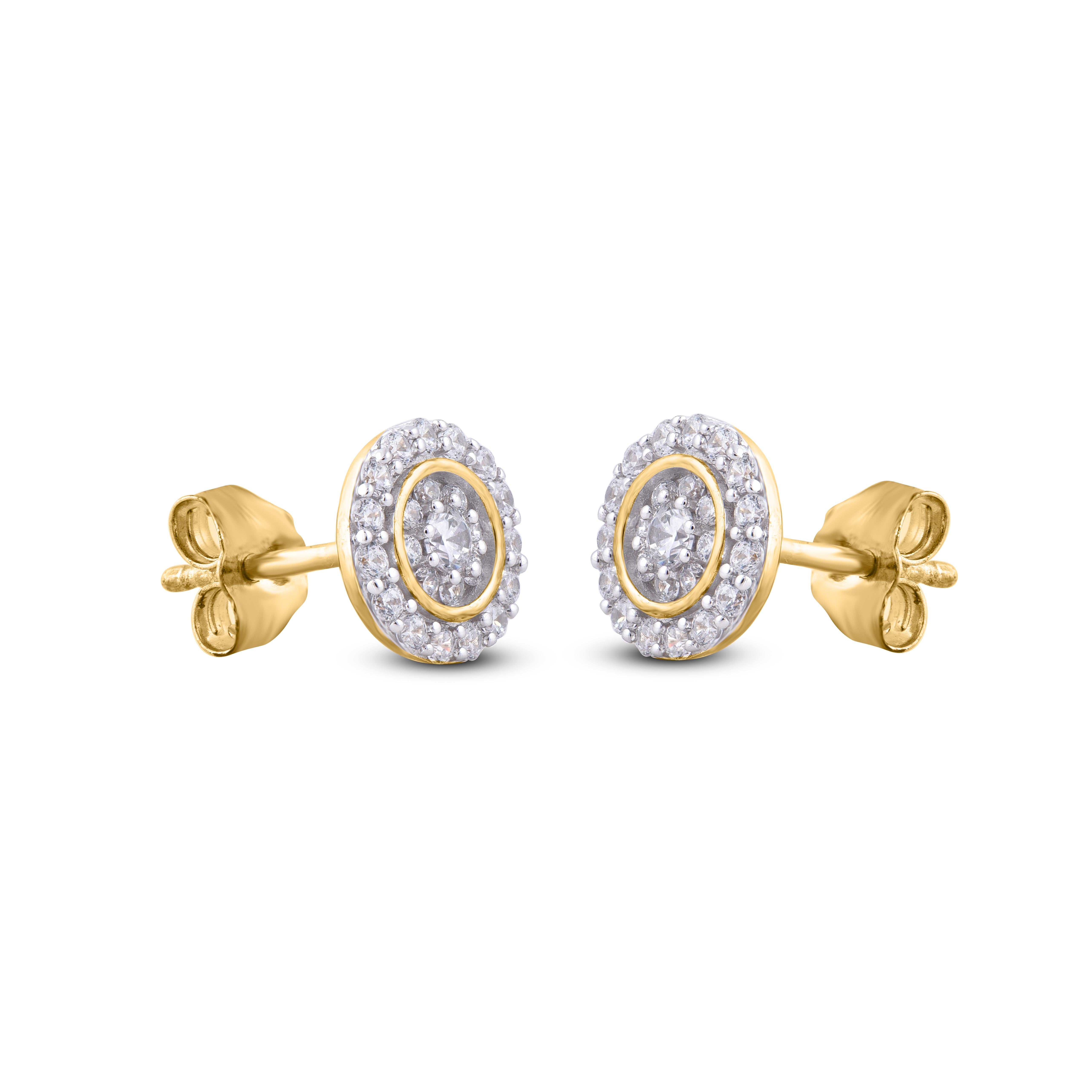 Art Deco TJD 0.50 Carat Round Diamond 14K Yellow Gold Round Frame Fashion Stud Earrings For Sale