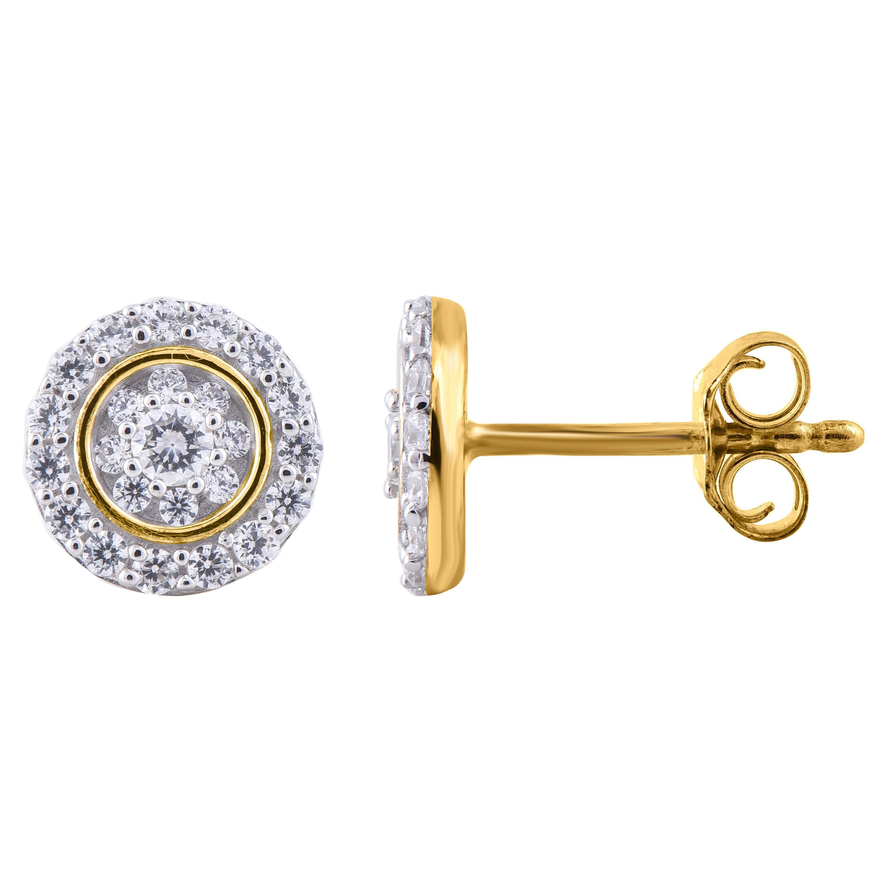 TJD 0.50 Carat Round Diamond 14K Yellow Gold Round Frame Fashion Stud Earrings