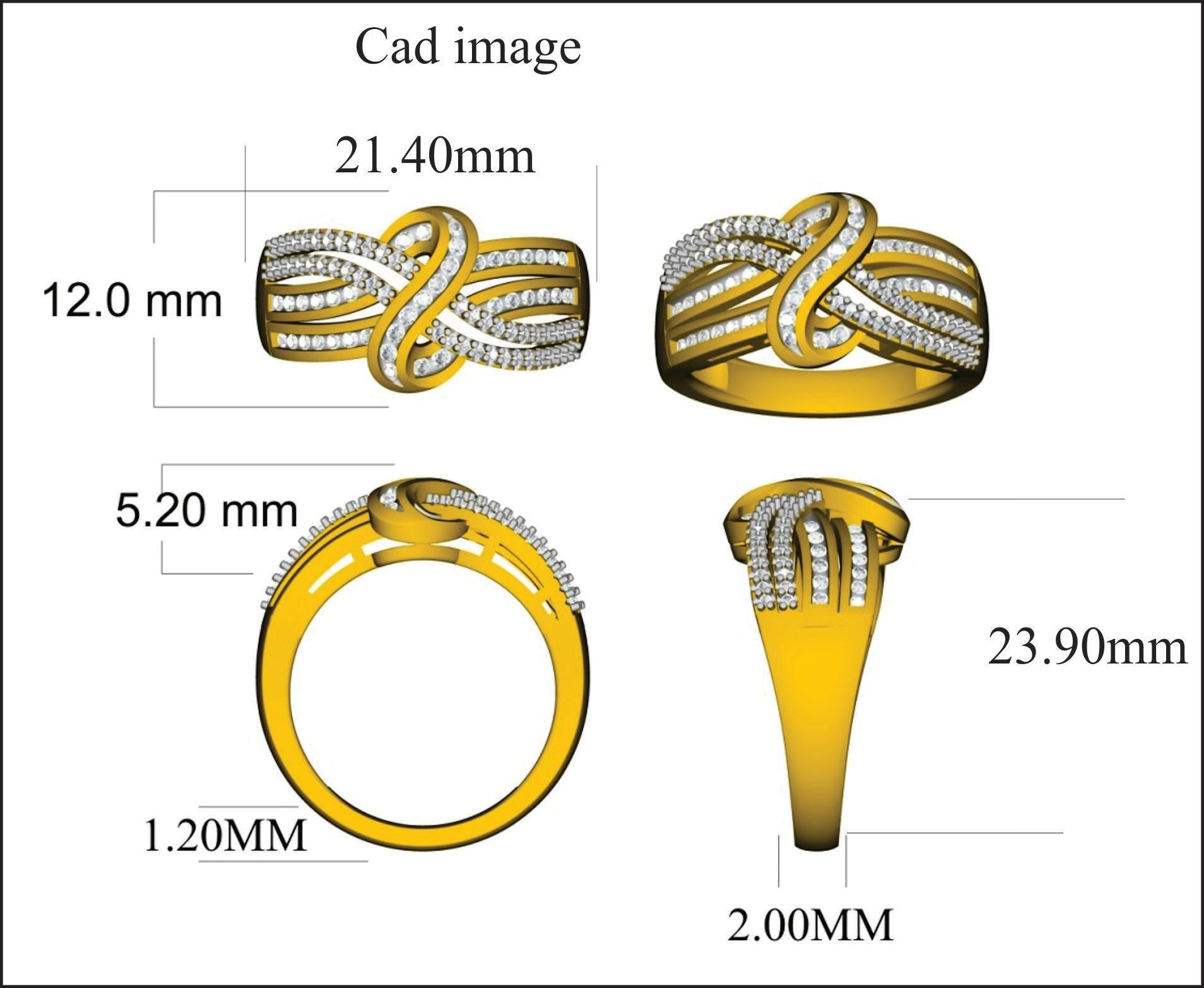 This ring dazzles with diamond and Crossover design. Decorated with shimmering 89 round diamonds set in nick and prong setting. We only use 100% natural and conflict free diamonds which sparkles in H-I color I2 clarity. This 14k yellow gold fashion