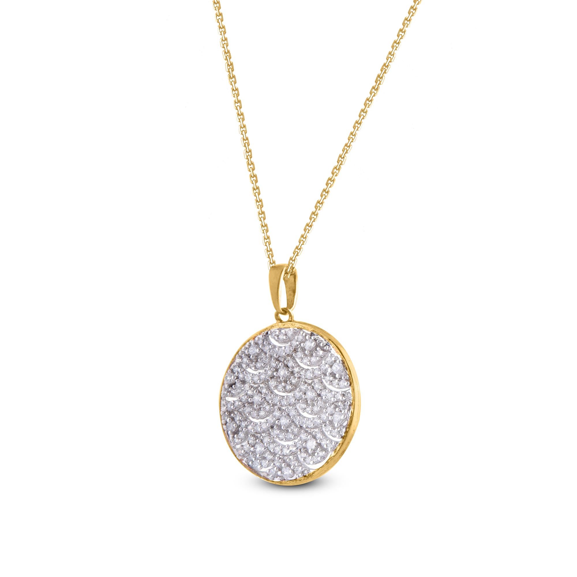 A bright pop of sparkle in a designer diamond pendant that will go well on any outfit. Embellished with 127 round diamond set in prong setting and crafted by our in-house experts in 14 karat yellow gold. The total diamond weight is 0.50 carat and it