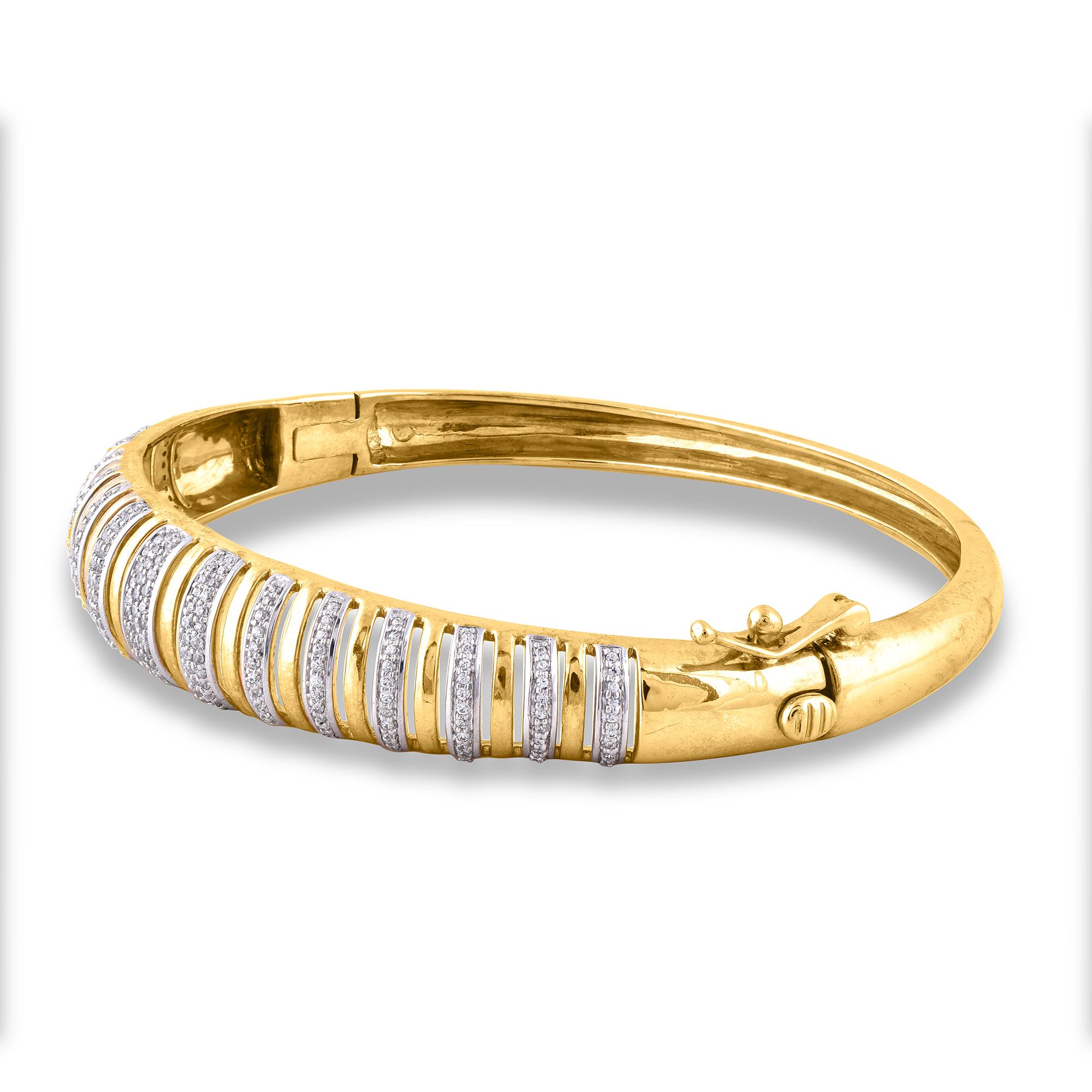 Modern TJD 0.50 Carat Round Diamond 14Karat Yellow Gold Striped Fashion Designer Bangle For Sale