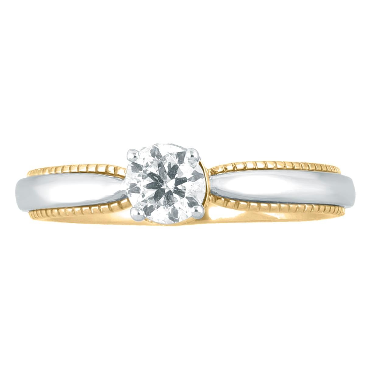 This classic engagement ring is studded with single cut & brilliant cut 21 diamond in pave and prong setting. This ring is designed in 14-karat two-tone gold. The diamonds are graded H-I Color, I-2 Clarity.