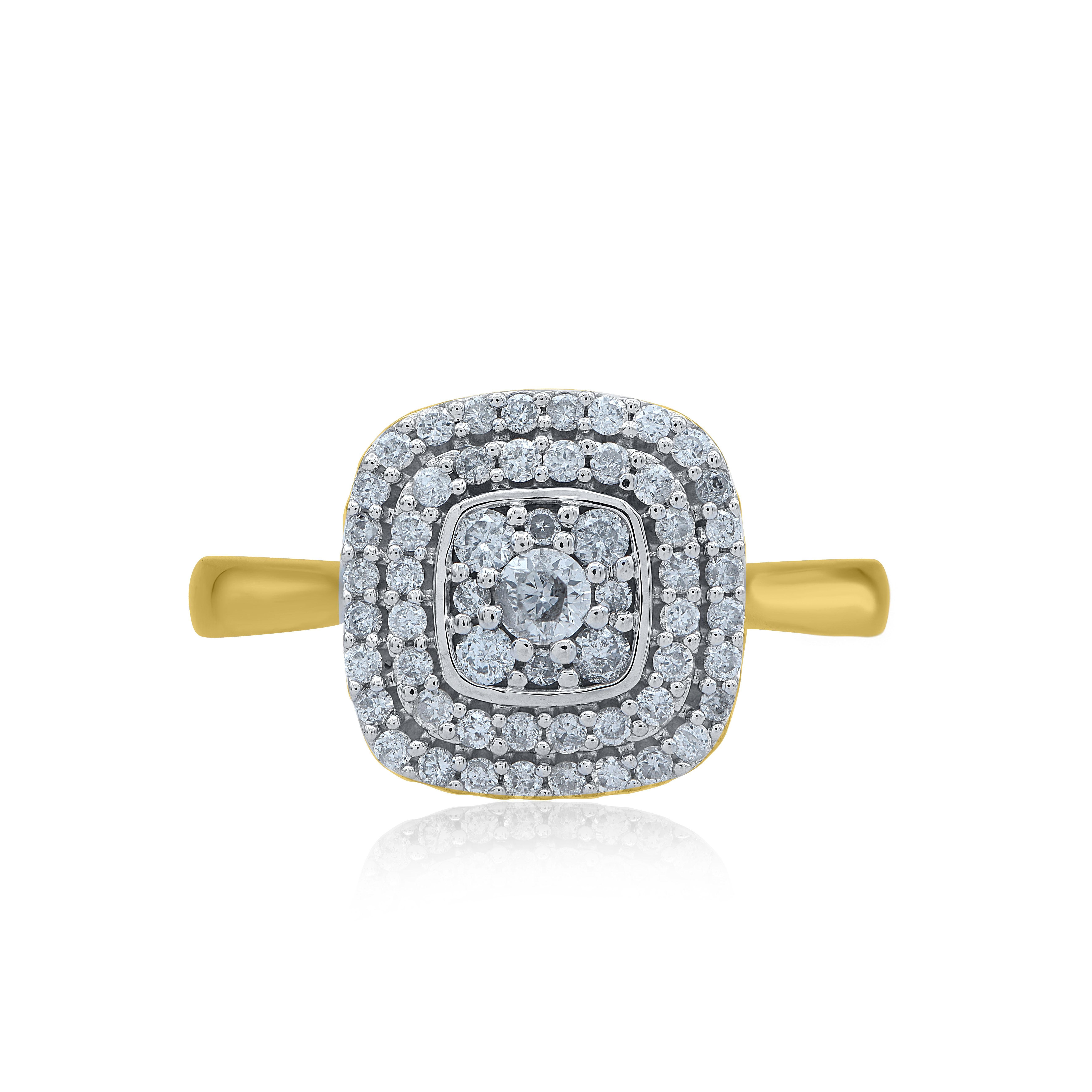 Esprimi il tuo amore per lei nel modo più classico con questo anello di fidanzamento. Splendidamente realizzato dai nostri esperti interni in oro giallo 14 carati e impreziosito da 57 diamanti rotondi a taglio brillante incastonati. Il peso totale