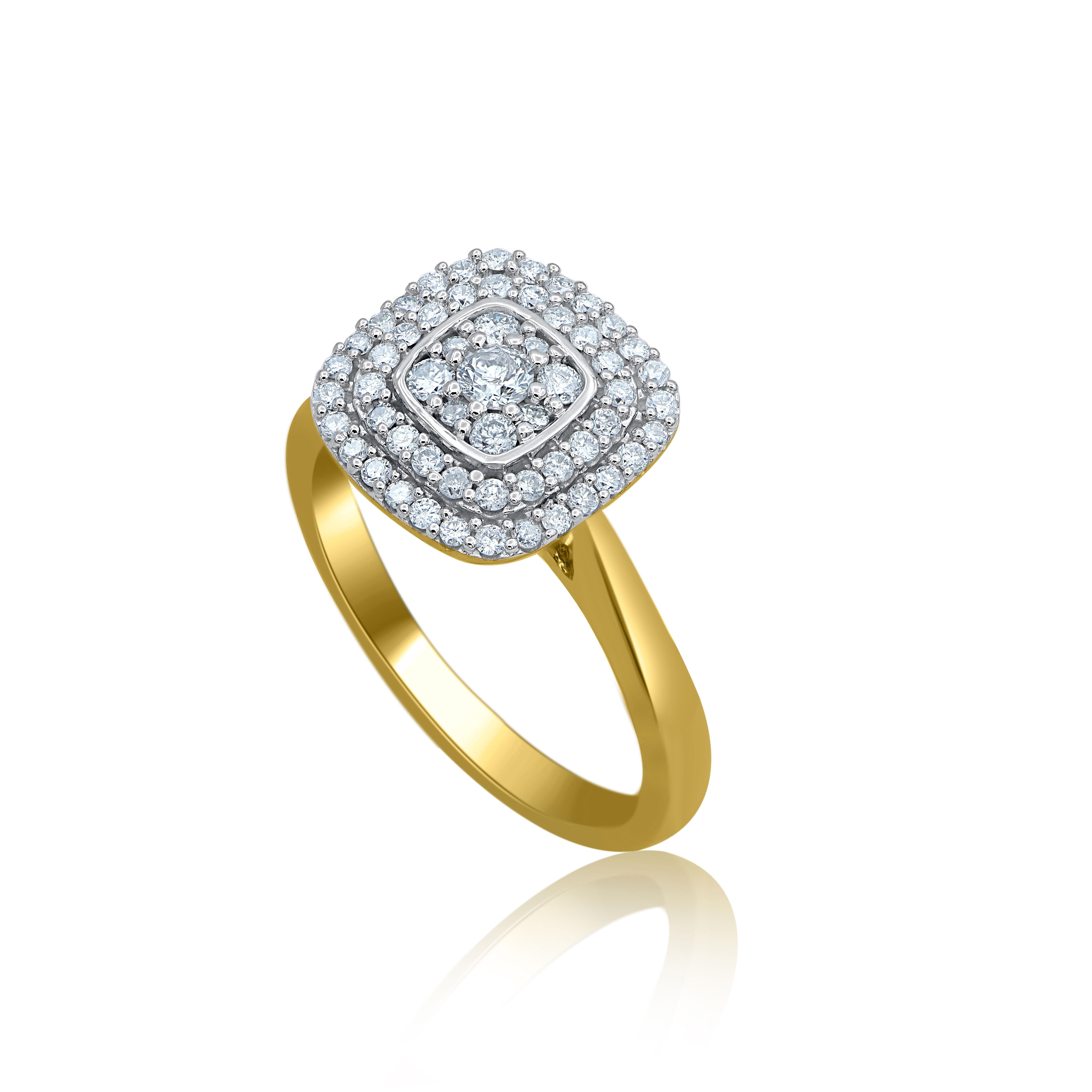 Moderno TJD 0,50 carati di diamante rotondo in oro giallo 14KT Anello di fidanzamento con cornice a cuscino in vendita