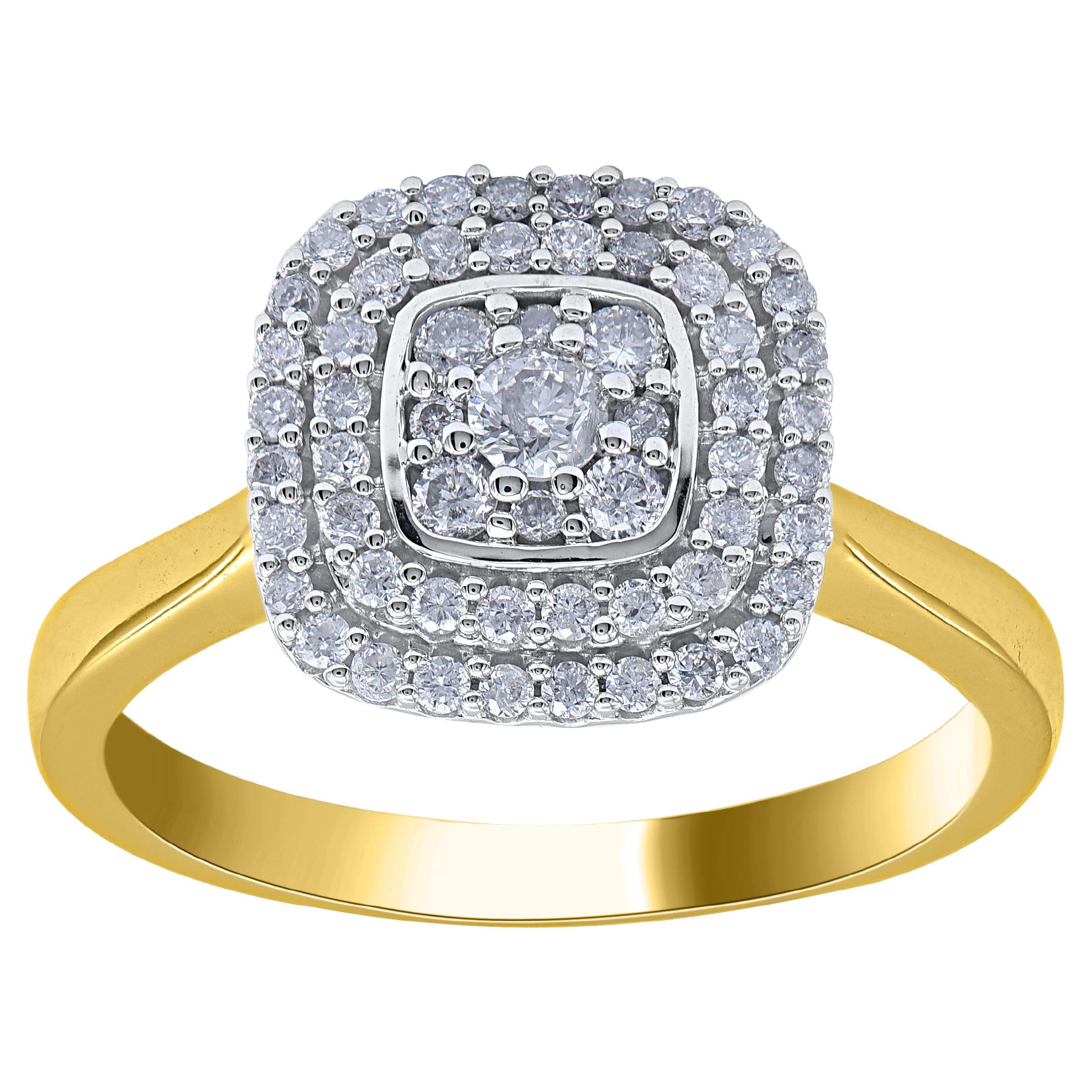Bague de fiançailles à cadre coussin en or jaune 14 carats avec diamants ronds de 0,50 carat TJD