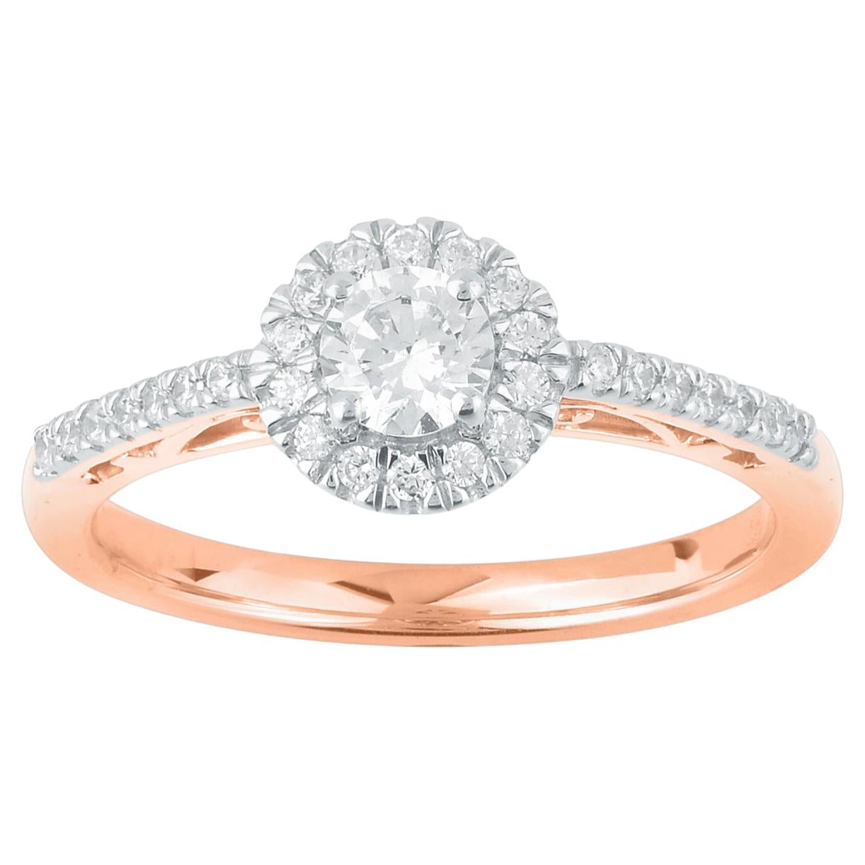 TJD 0.50 Carat Round Diamond 18 Karat Rose Gold Halo Cluster Engagement Ring For Sale
