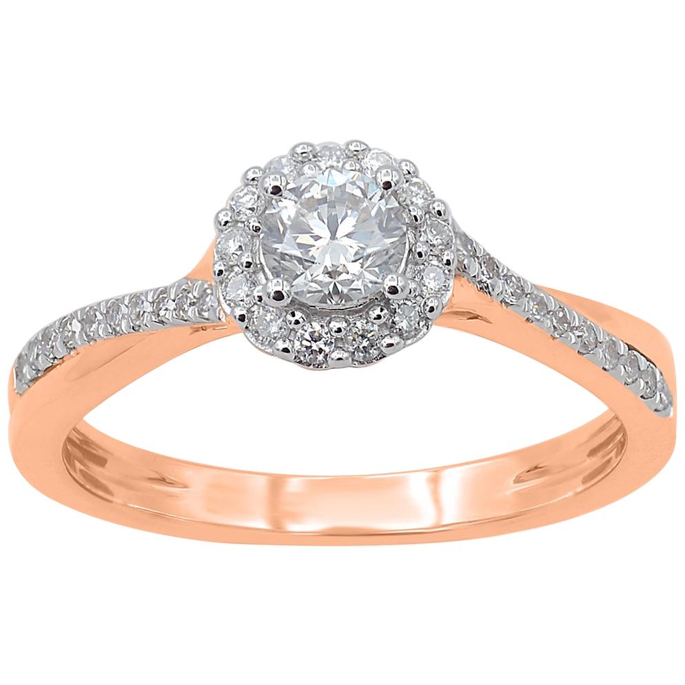 TJD 0.50 Carat Round Diamond 18 Karat Rose Gold Halo Crossover Engagement Ring