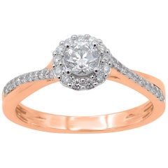 TJD Anillo de compromiso cruzado con halo de diamantes redondos de 0,50 quilates y oro rosa de 18 quilates