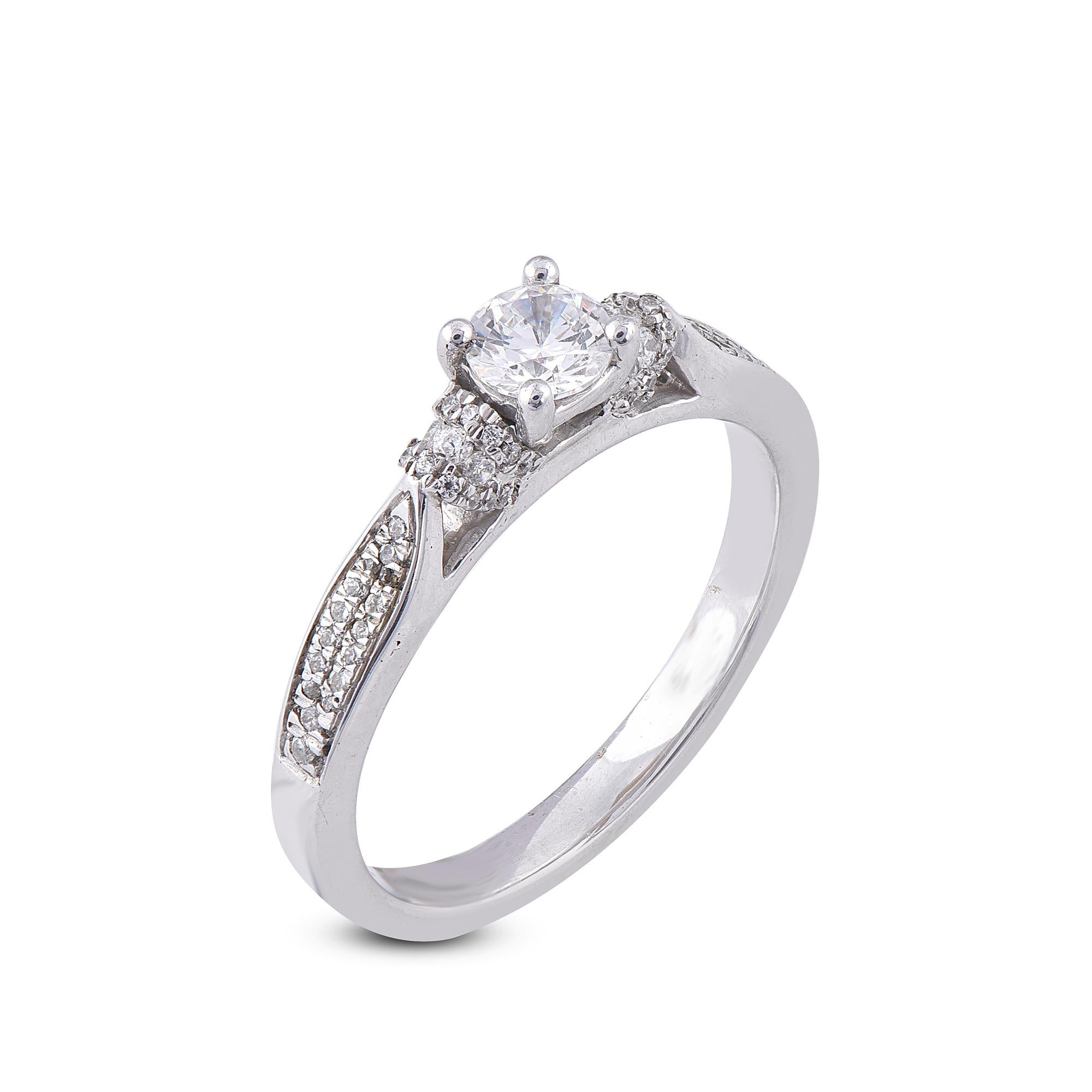 This engagement ring features 0.33 ct of centre stone and 0.17 ct of lined diamonds. Expertly Crafted of sparkling 18 karat white gold in high polish finish and set with 71 sparkling round diamonds set in channel and prong setting, with G-H Color