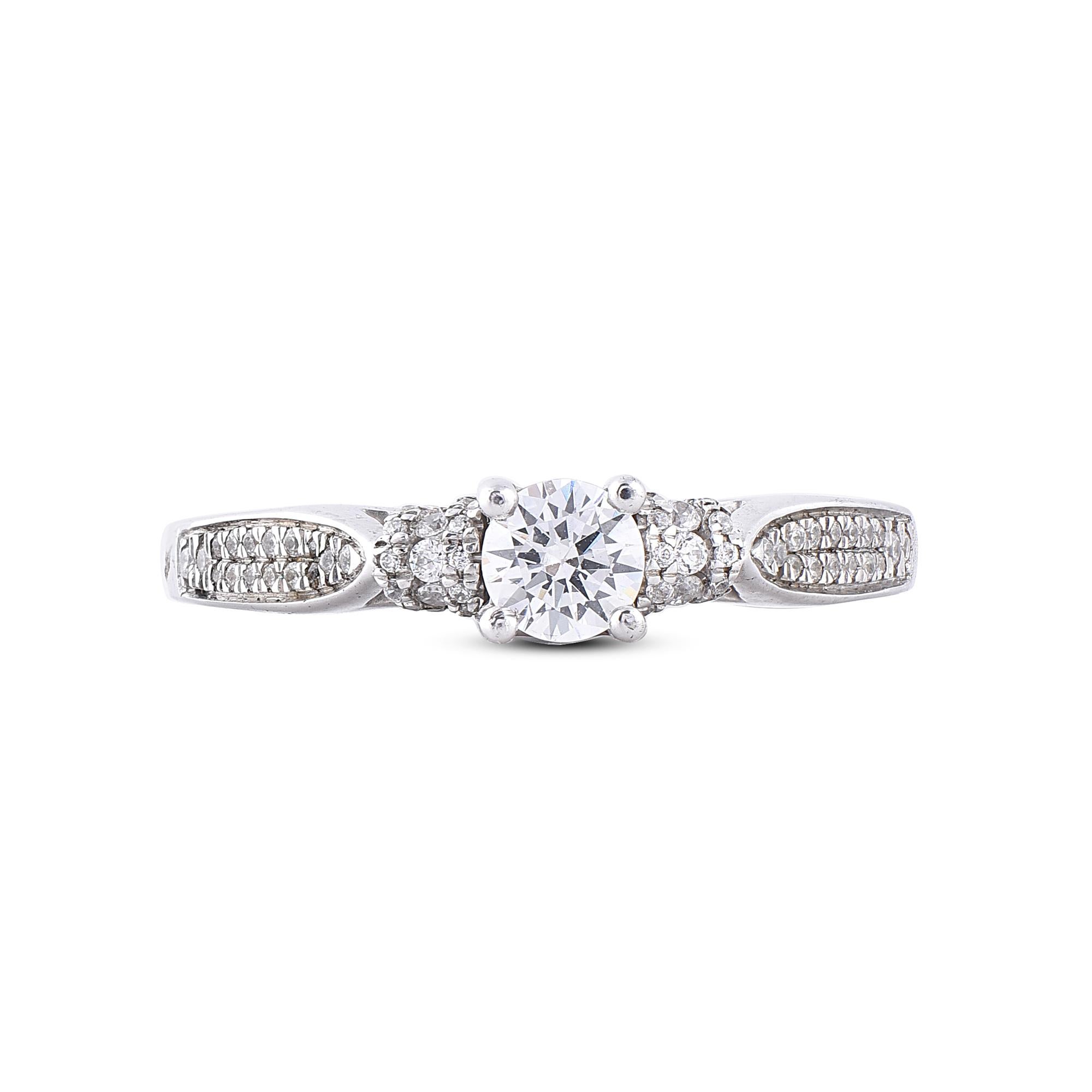 TJD Anillo de compromiso de 4 garras en oro blanco de 18 quilates con diamante redondo de 0,50 quilates Art Decó en venta