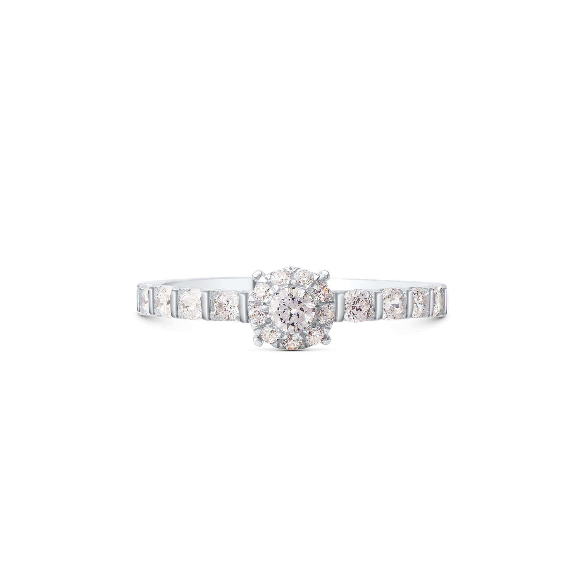 Crafted to perfection in 18KT white gold and embedded with 18 brilliant natural diamonds in prong and channel setting. Diamonds are graded H-I Color, I1 Clarity.  

Metal color and ring size can be customized on request. 

This piece is made to