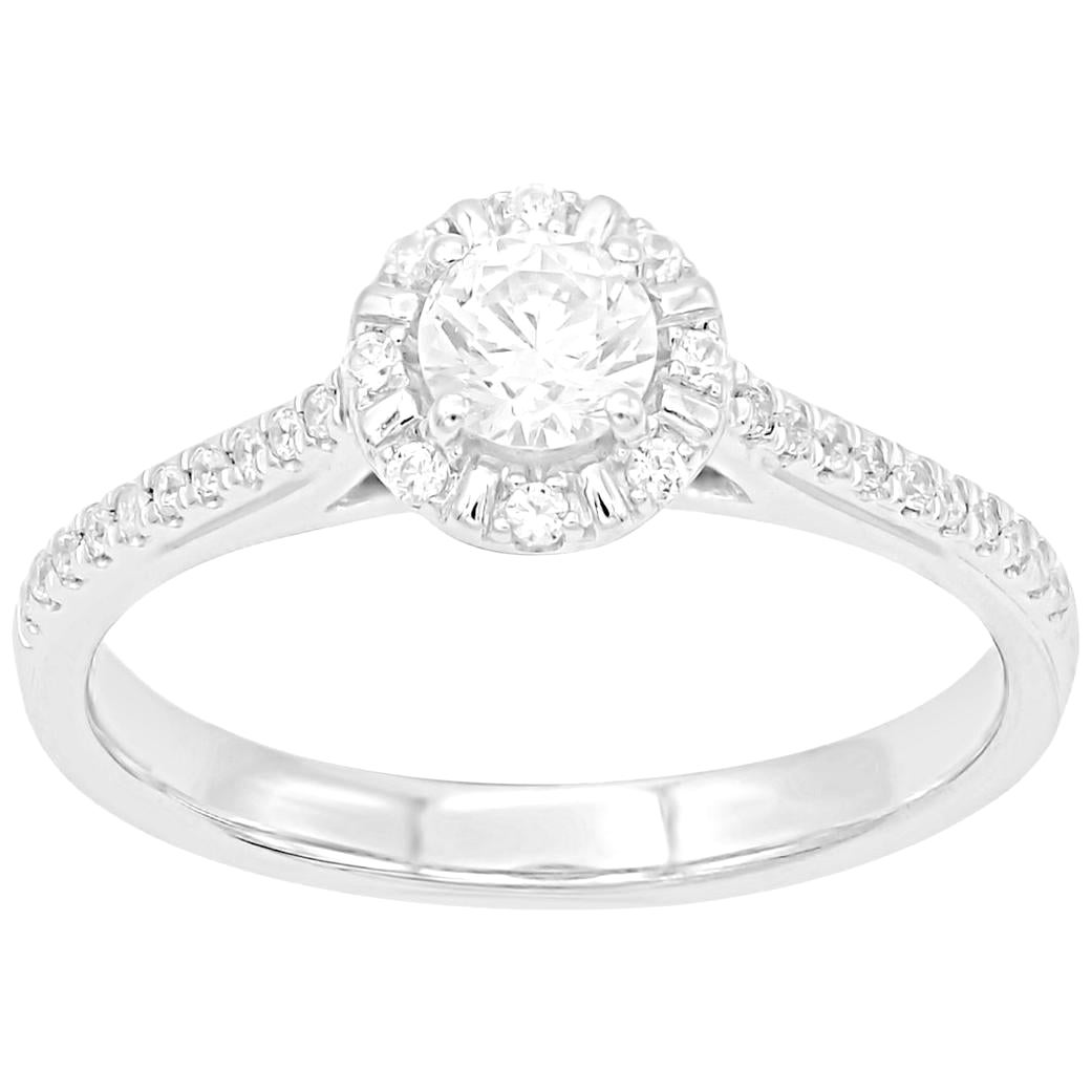 Bague de fiançailles Classisc Halo en or blanc 18 carats avec diamant rond de 0,50 carat TJD