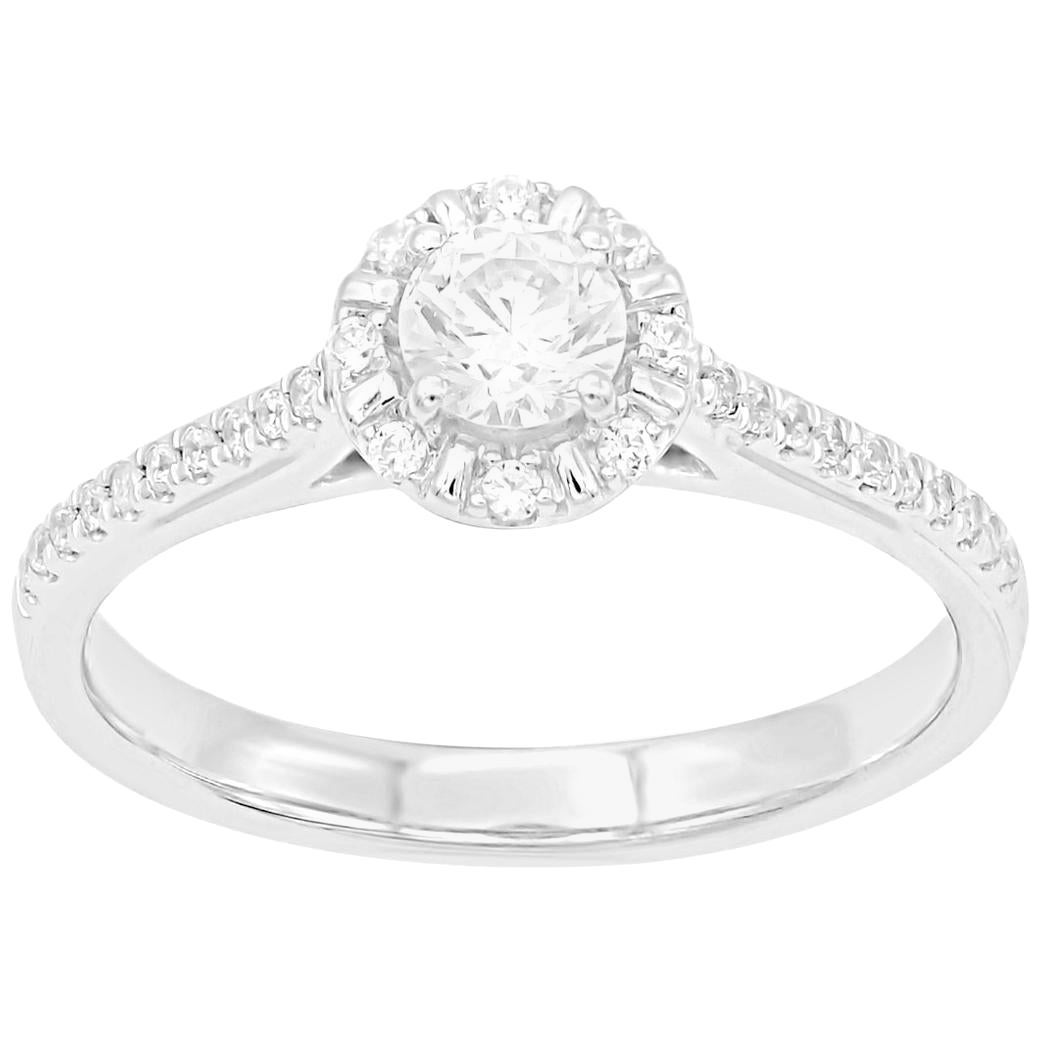 TJD 0.50 Carat Round Diamond 18 Karat White Gold Classisc Halo Engagement Ring