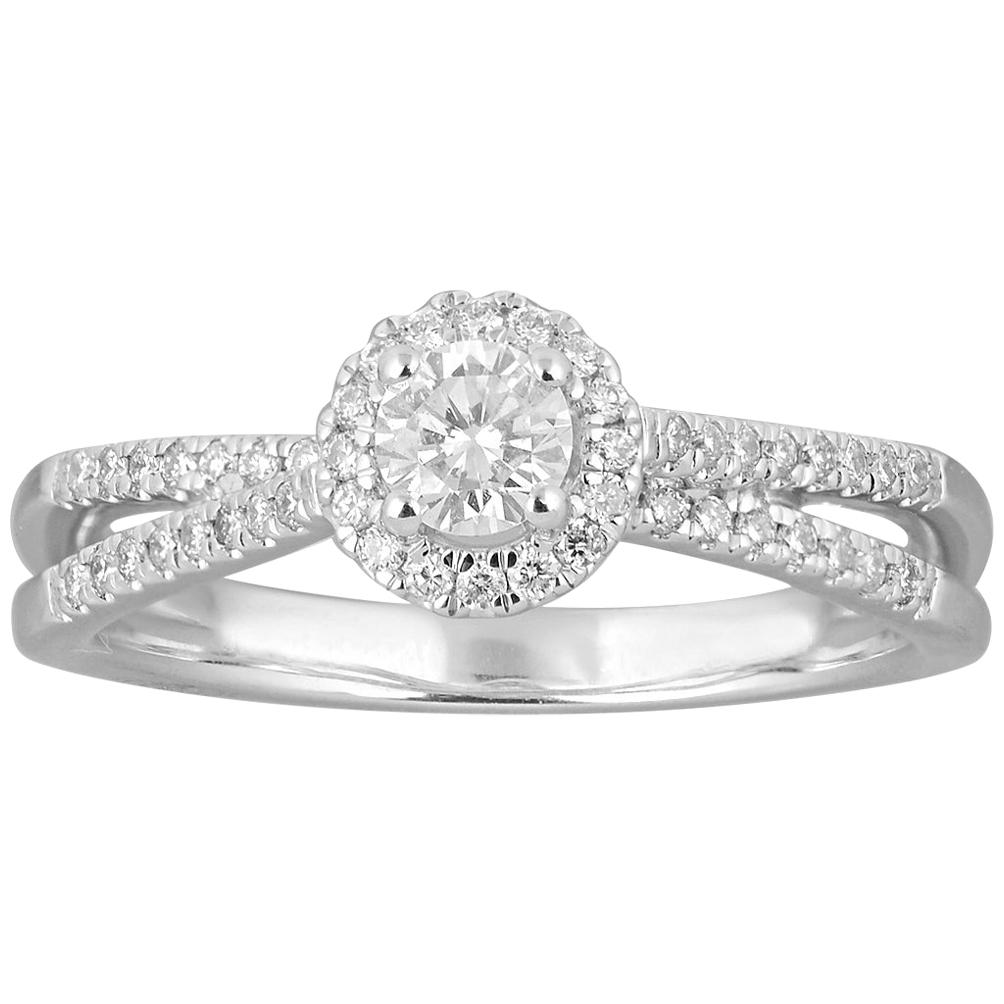 TJD 0.50 Carat Round Diamond 18 Karat White Gold Crisscross Halo Engagement Ring For Sale
