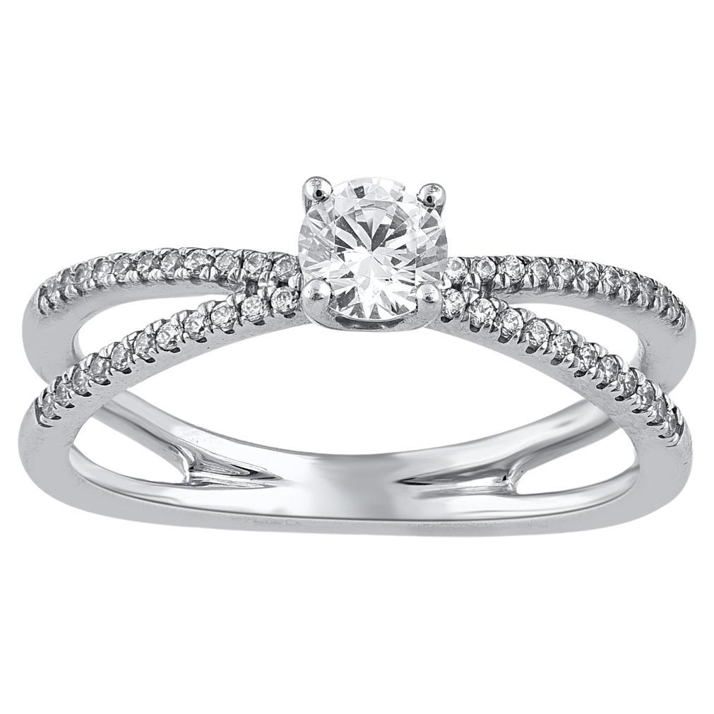 TJD 0.50 Carat Round Diamond 18 Karat White Gold Crisscross Halo Engagement Ring For Sale
