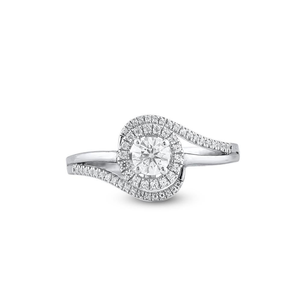 Art Déco TJD Anello di fidanzamento con diamante rotondo da 0,50 carati e gambo curvo in oro bianco da 18 carati in vendita