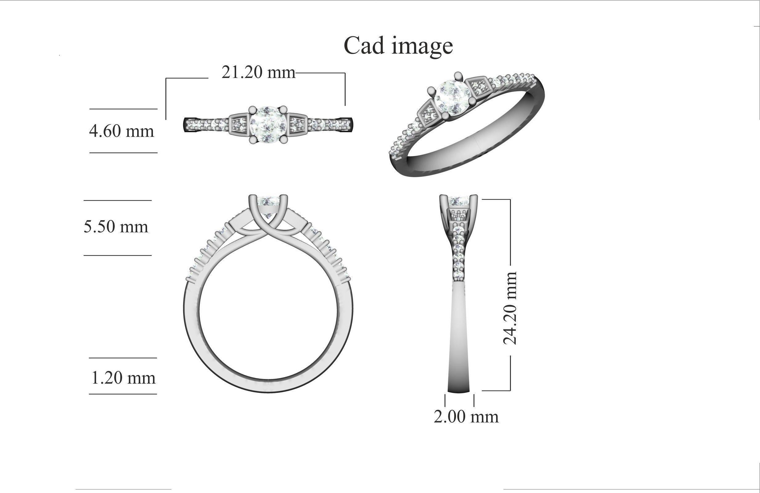Cette bague éblouit avec une pierre centrale ronde de 0,38 ct et des diamants de 0,12 ct sur la tige. Décorée de 19 diamants blancs ronds et brillants de couleur Whiting, en serti clos. Nous n'utilisons que des diamants 100 % naturels et exempts de