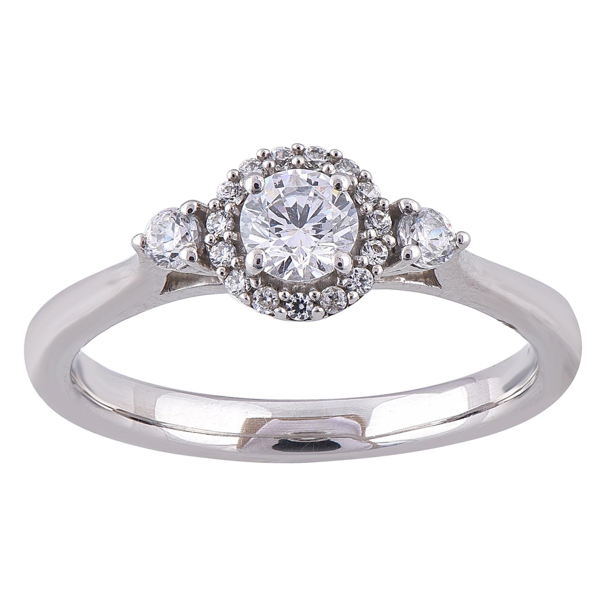 TJD 0.50 Carat Round Diamond 18 Karat White Gold Halo Engagement Ring For Sale