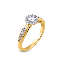 TJD 0.50 Carat Round Diamond 18 Karat Yellow Gold Halo Bridal Engagement Ring
