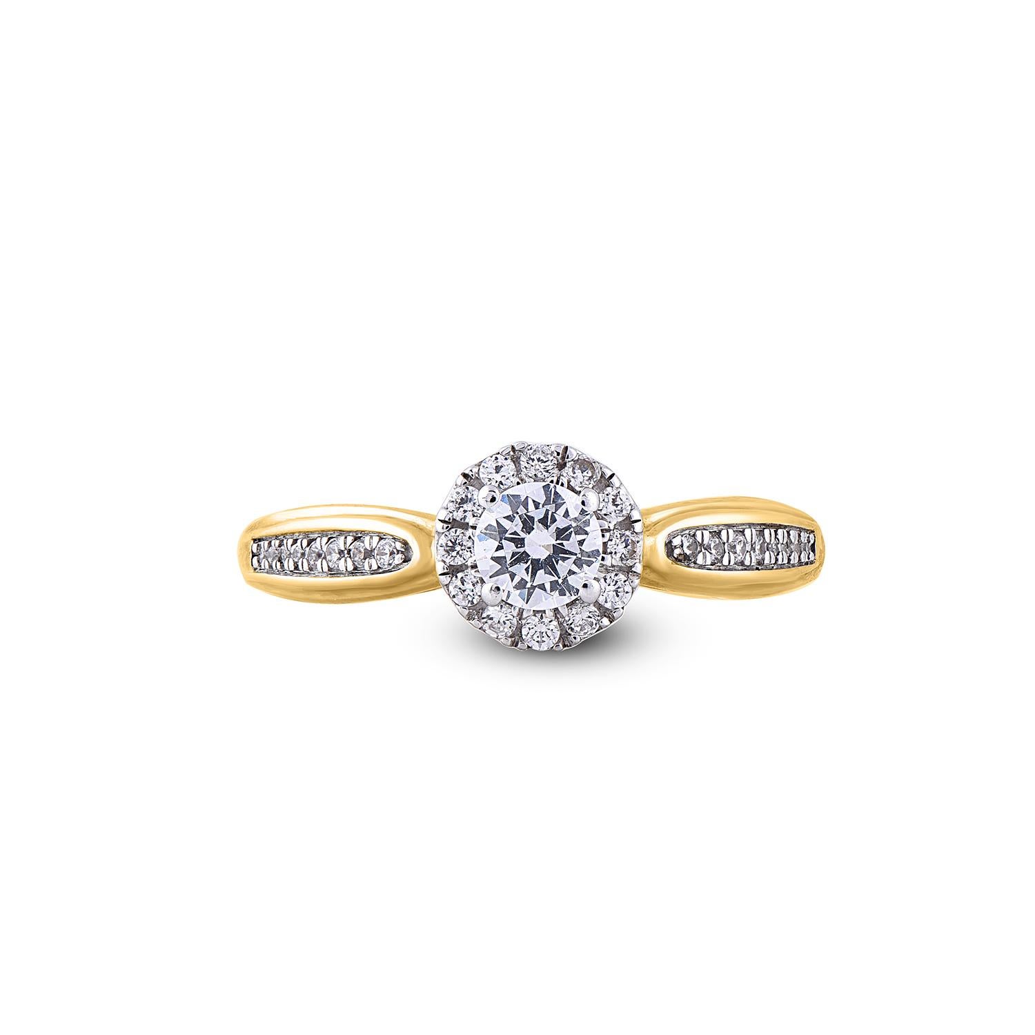 Round Cut TJD 0.50 Carat Round Diamond 18 Karat Yellow Gold Halo Bridal Engagement Ring For Sale