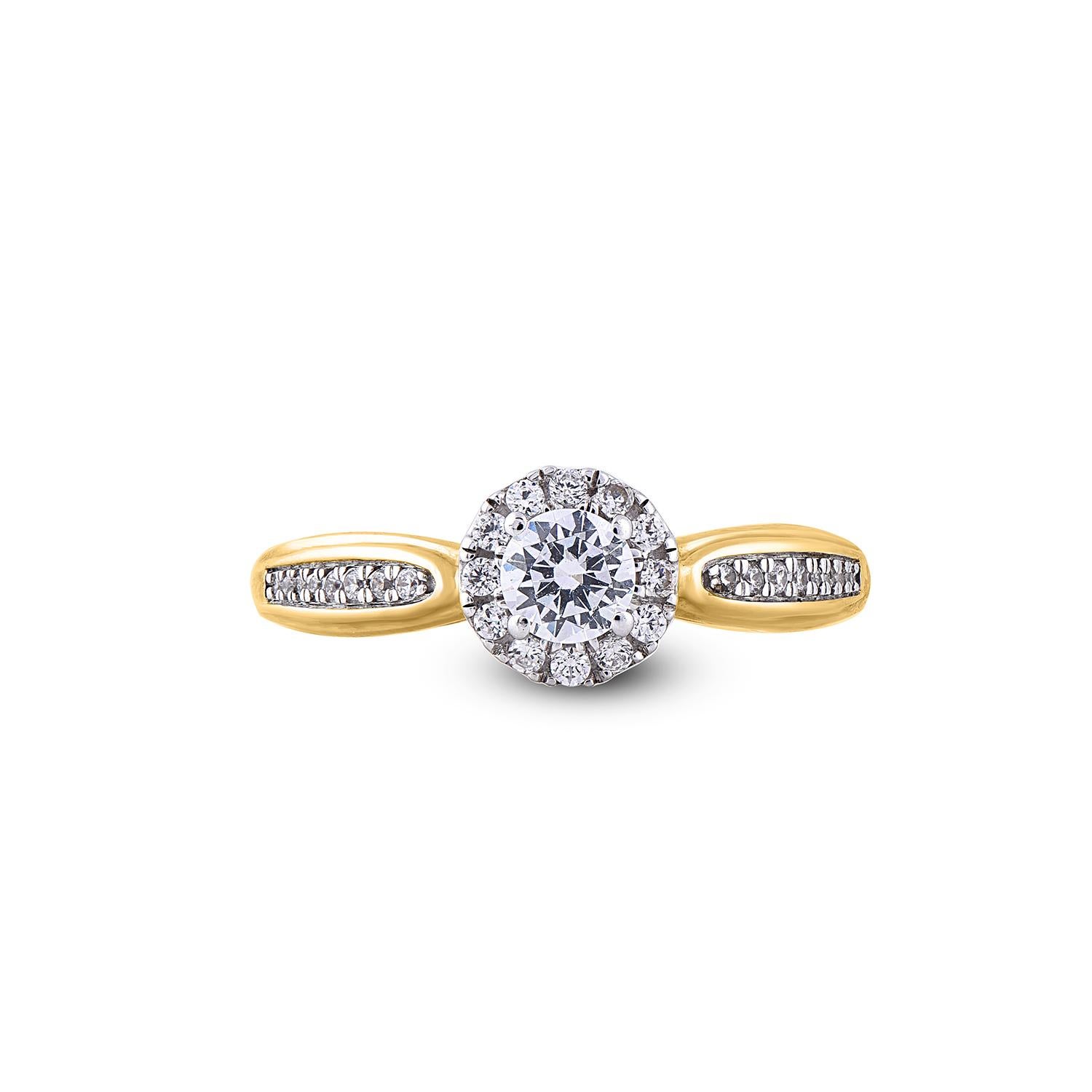 TJD 0,50 Karat runder Diamant 18 Karat Gelbgold Halo Braut-Verlobungsring (Rundschliff) im Angebot