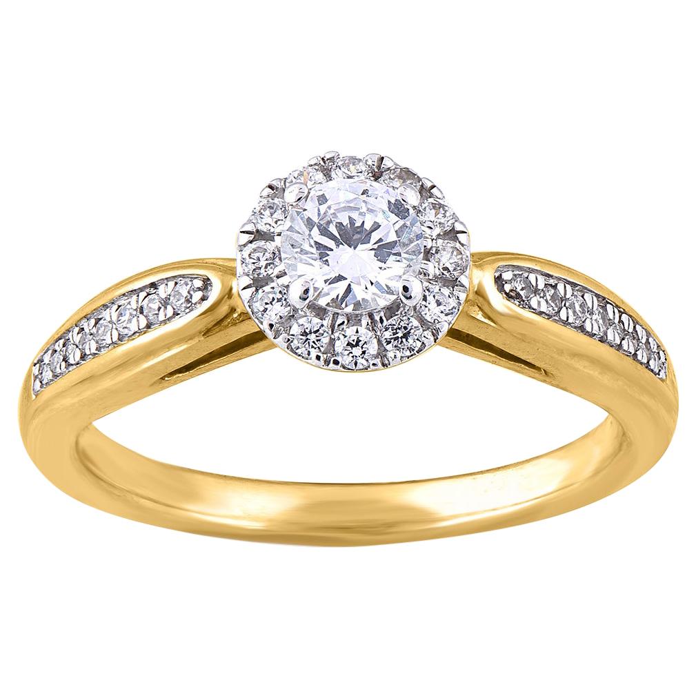 TJD 0.50 Carat Round Diamond 18 Karat Yellow Gold Halo Bridal Engagement Ring For Sale