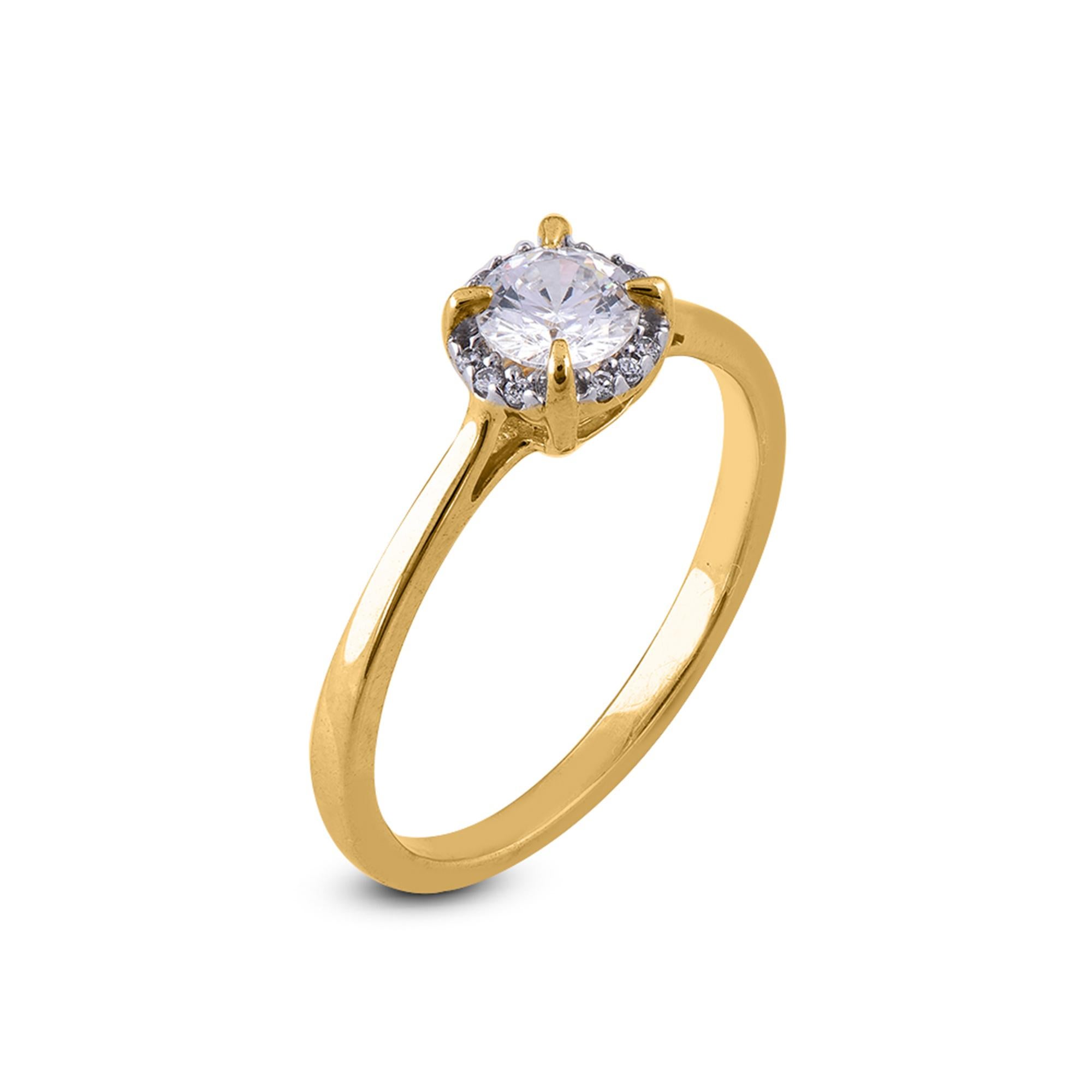 Simply stunning engagement bridal ring features 0.45ct center stone and 0.05 ct diamond on frame. This ring is handcrafted in 18 kt Yellow gold and embellished with 13 round diamond set in prong setting. The diamond are natural, not treated and