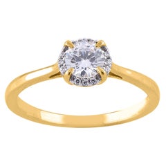 TJD 0.50 Carat Round Diamond 18 Karat Yellow Gold Halo Engagement Ring
