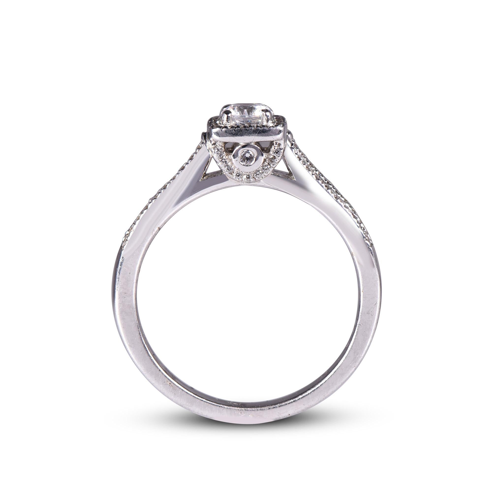 TJD 0.50 Carat Natural Round Diamond 18K White Gold Square Halo Engagement Ring In New Condition For Sale In New York, NY
