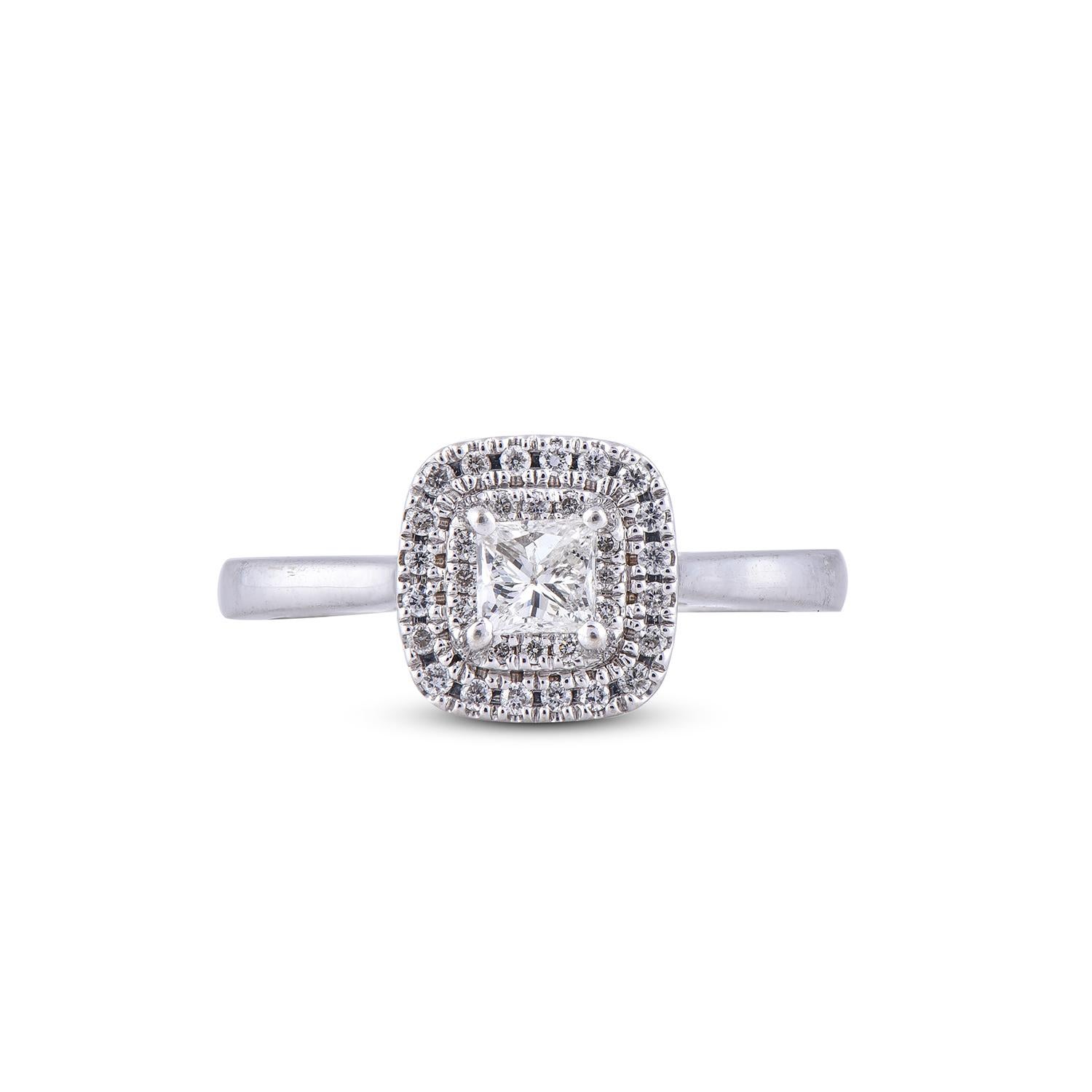 Art Déco Anello nuziale a forma di cuscino in oro bianco 18K con diamante rotondo e principessa da 0,50 carati TJD in vendita