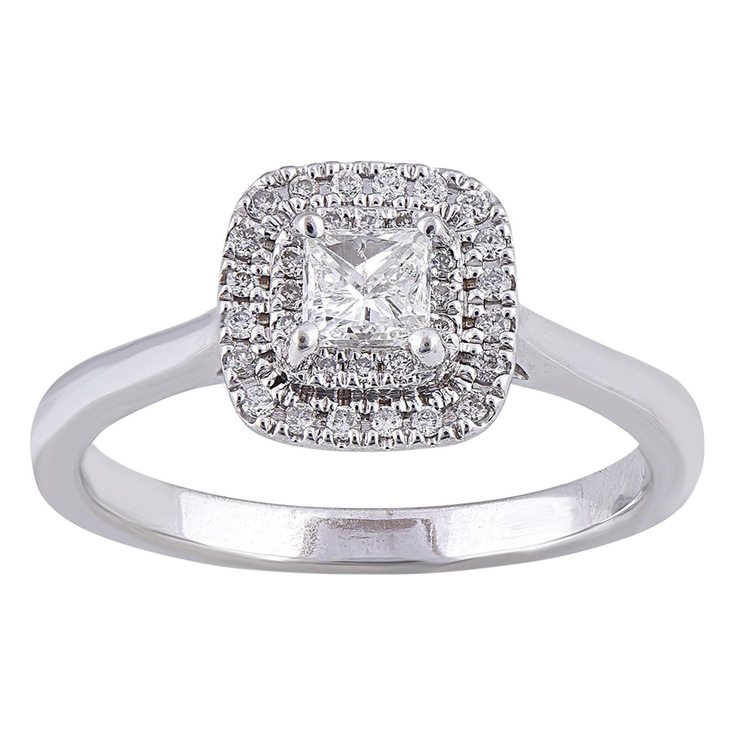 TJD 0.50 Carat Round & Princess Diamond 18K White Gold Cushion Shape Bridal Ring For Sale