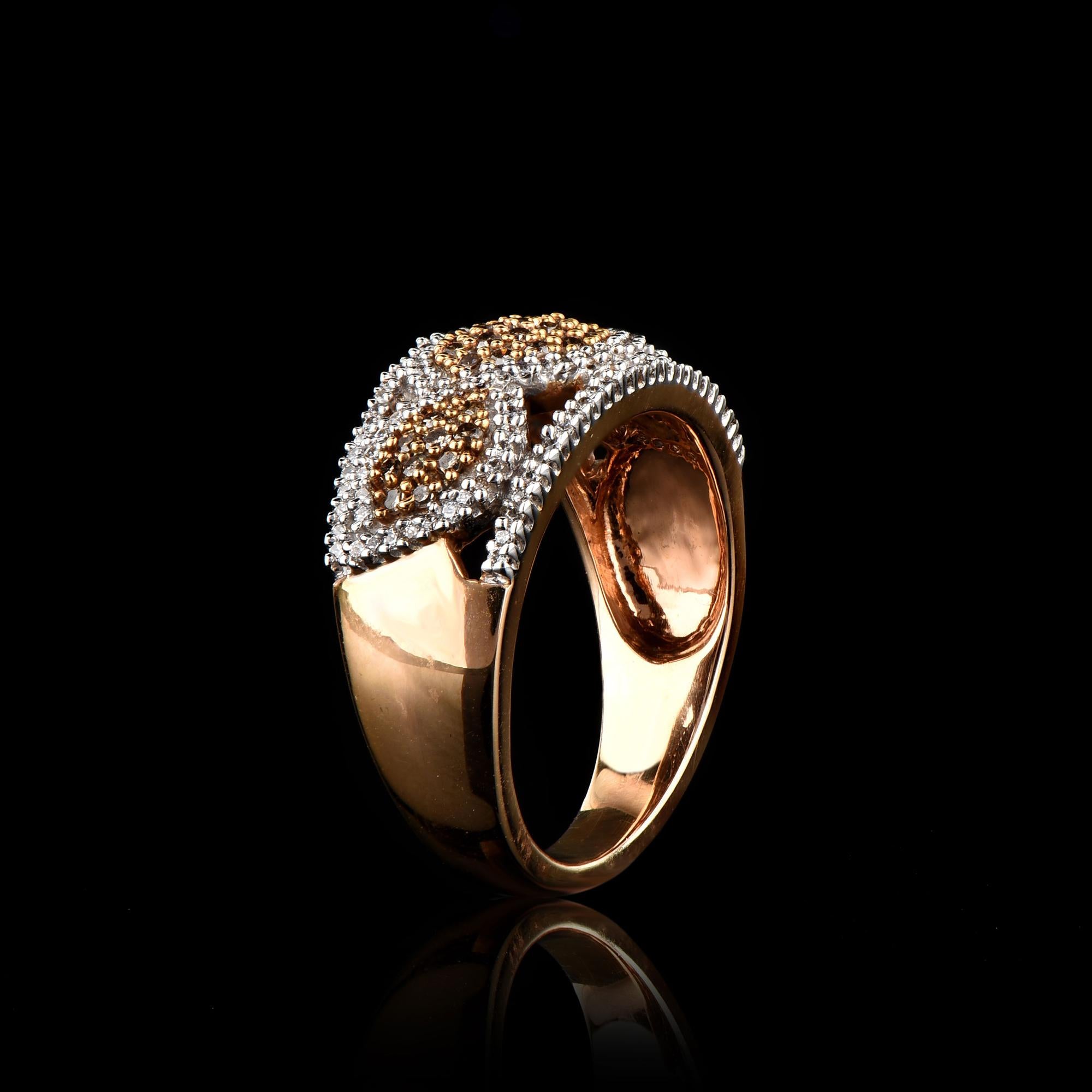 This Round and Natural Cognac Diamond wave Engagement Ring in 14K Solid Rose Gold showcases 0.50 carats of sparkling round diamonds set in ribbon setting. The diamonds are natural, not-treated and conflict-free with H-I color I1 clarity. Featuring a