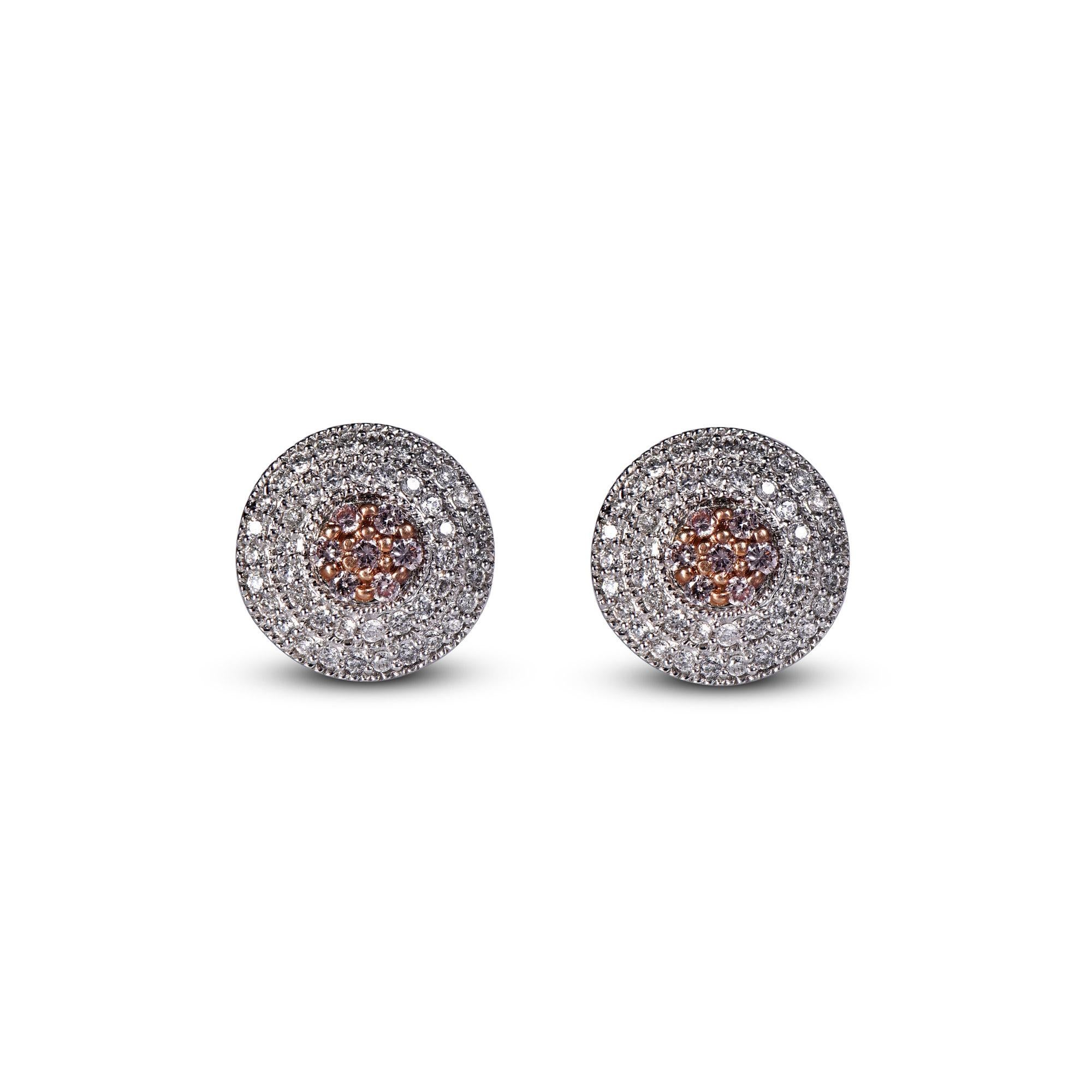 Expertly crafted in 18K solid white gold, this double diamond frame stud earring is cleverly filled with 88 round white and 14 pink diamond set in prong setting, H-I color I1 clarity. Captivating with 0.50 carats diamonds and a bright polished