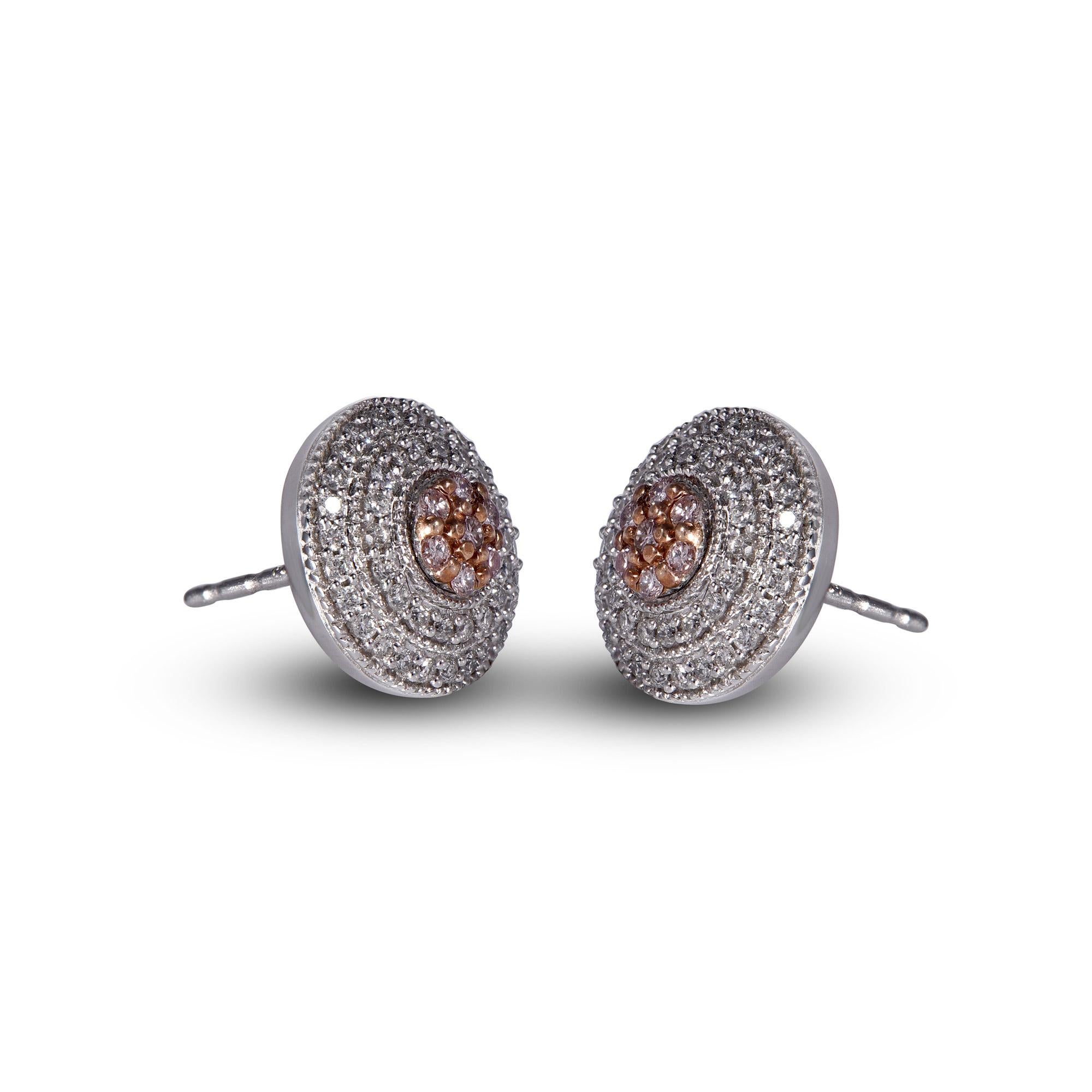 Round Cut TJD 0.50 Ct Nat. Pink Rosé & White Diamond 18K White Gold Cluster Stud Earrings For Sale