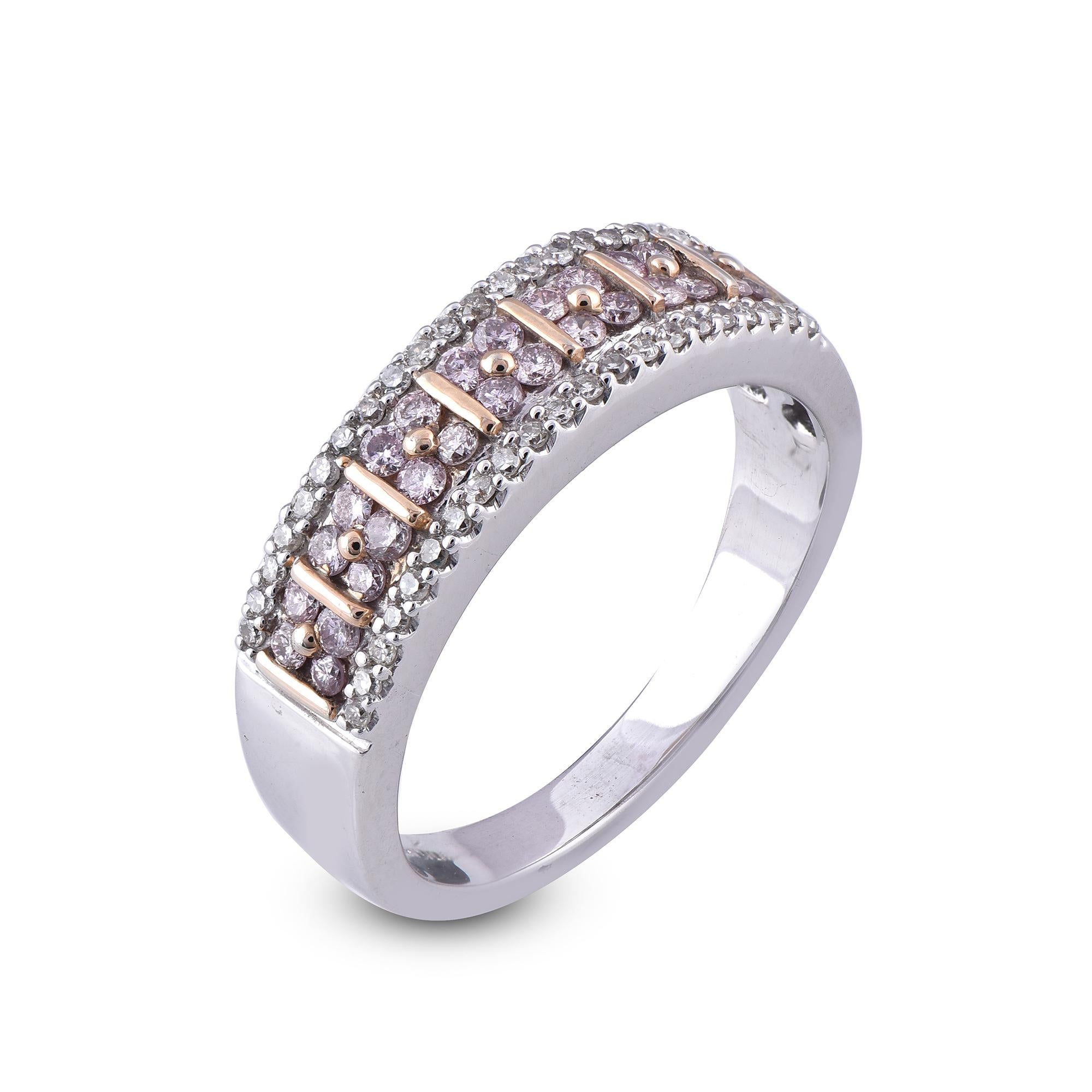 Give a touch of glamour to your fine jewelry collection with this diamond wedding band. It features 42 round and 28 pink diamond. Luxurious yet elegant, this ring is beautifully crafted in 18K Two Tone Gold and 0.50 carat natural diamonds setting in