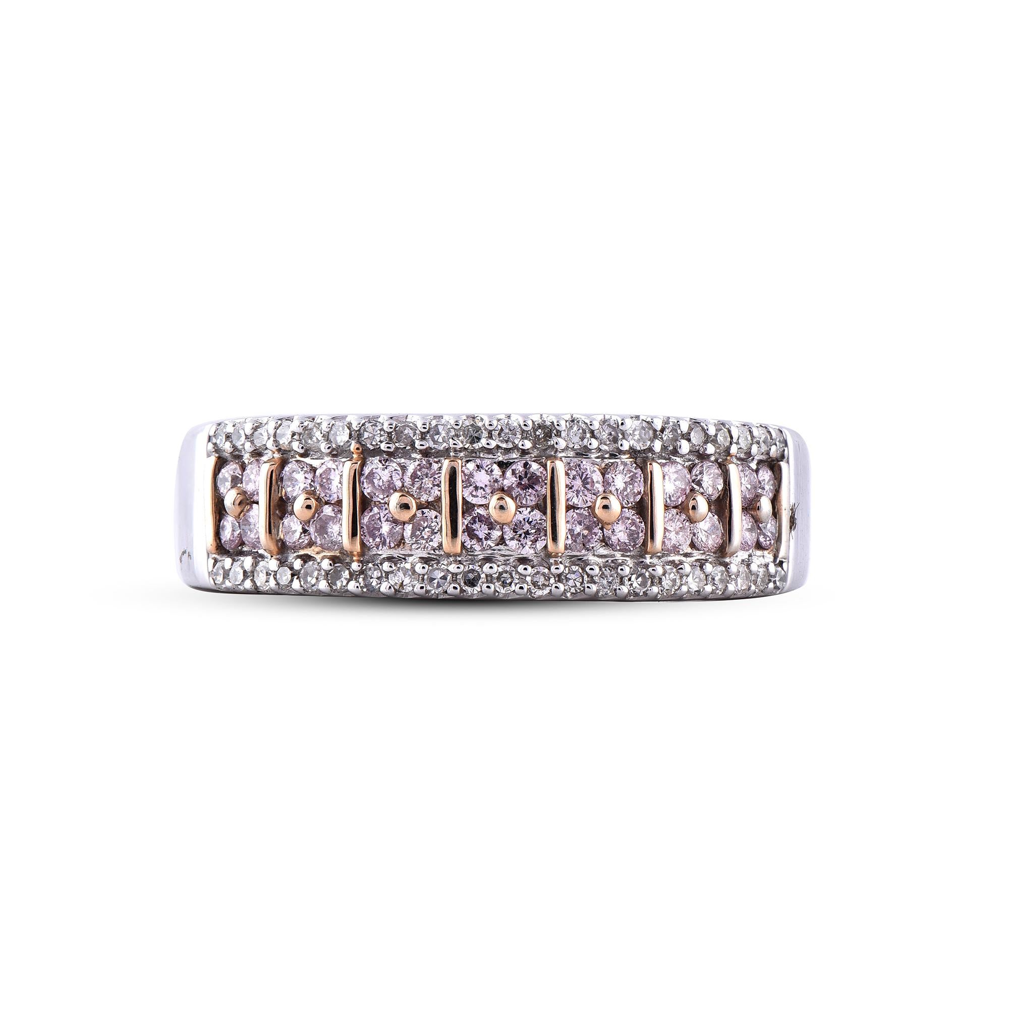 Round Cut TJD 0.50 Ct Nat. Pink Rosé & White Diamond 18Kt 2-Tone Channel Set Wedding Band For Sale