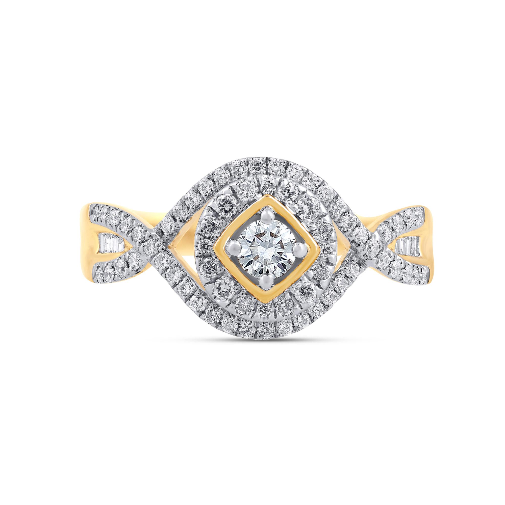 Give a touch of glamour to your fine jewelry collection with this diamond engagement ring. Crafted in 14KT yellow gold. This split shank ring is studded with 71 single cut, brilliant cut round and baguette diamonds in prong, pave & channel setting,