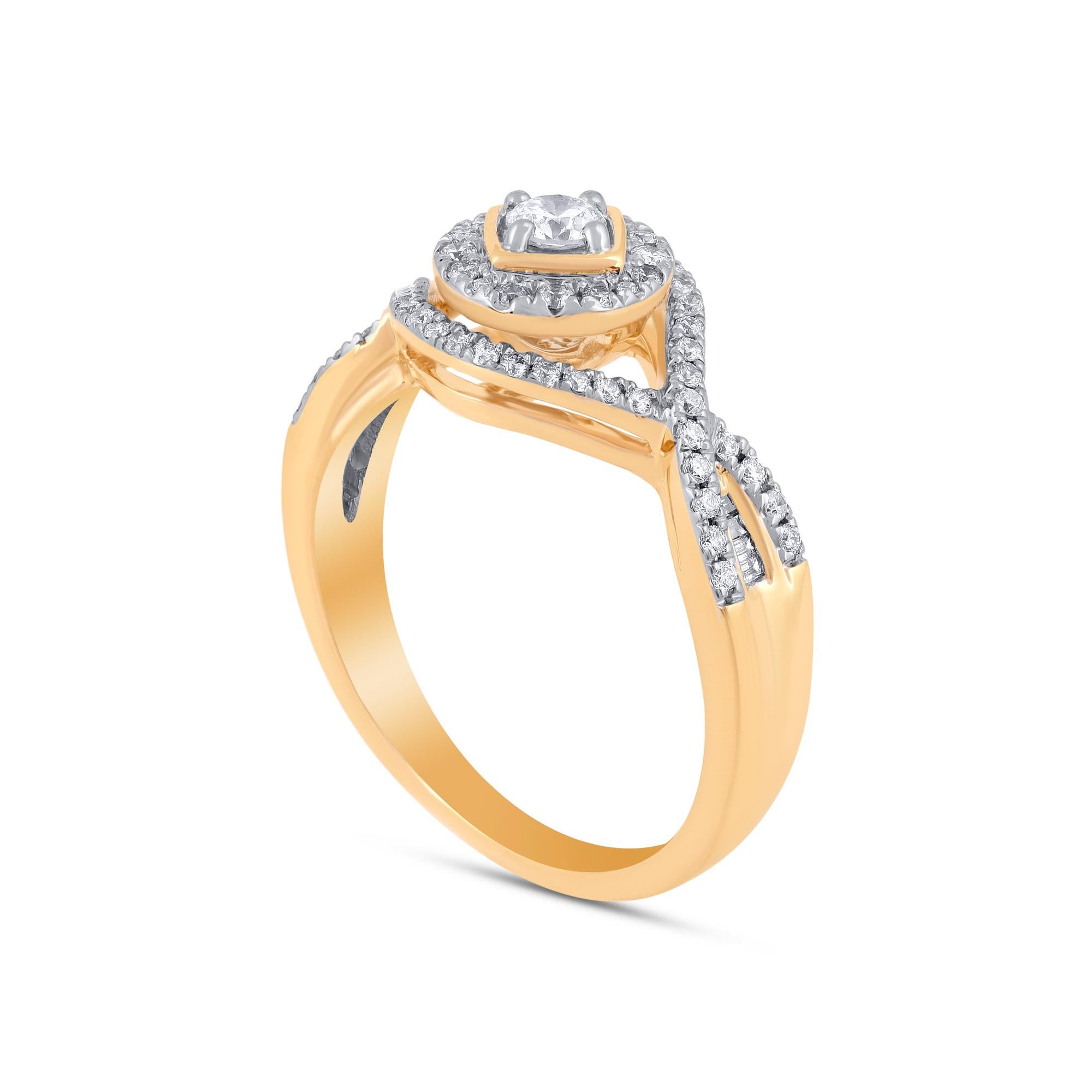 Contemporary TJD 0.50 CT Round & Baguette Diamond 14KT Yellow Gold Halo Engagement Ring For Sale