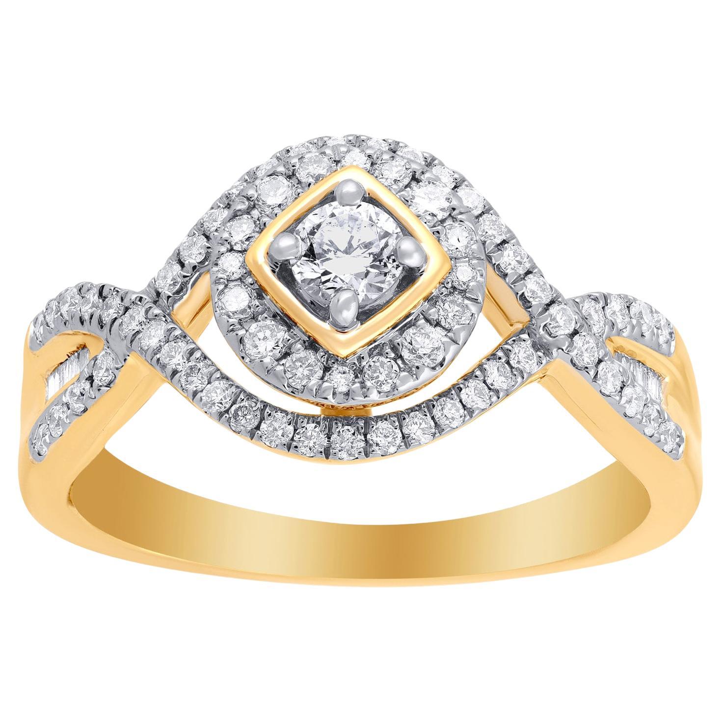 TJD 0.50 CT Round & Baguette Diamond 14KT Yellow Gold Halo Engagement Ring For Sale
