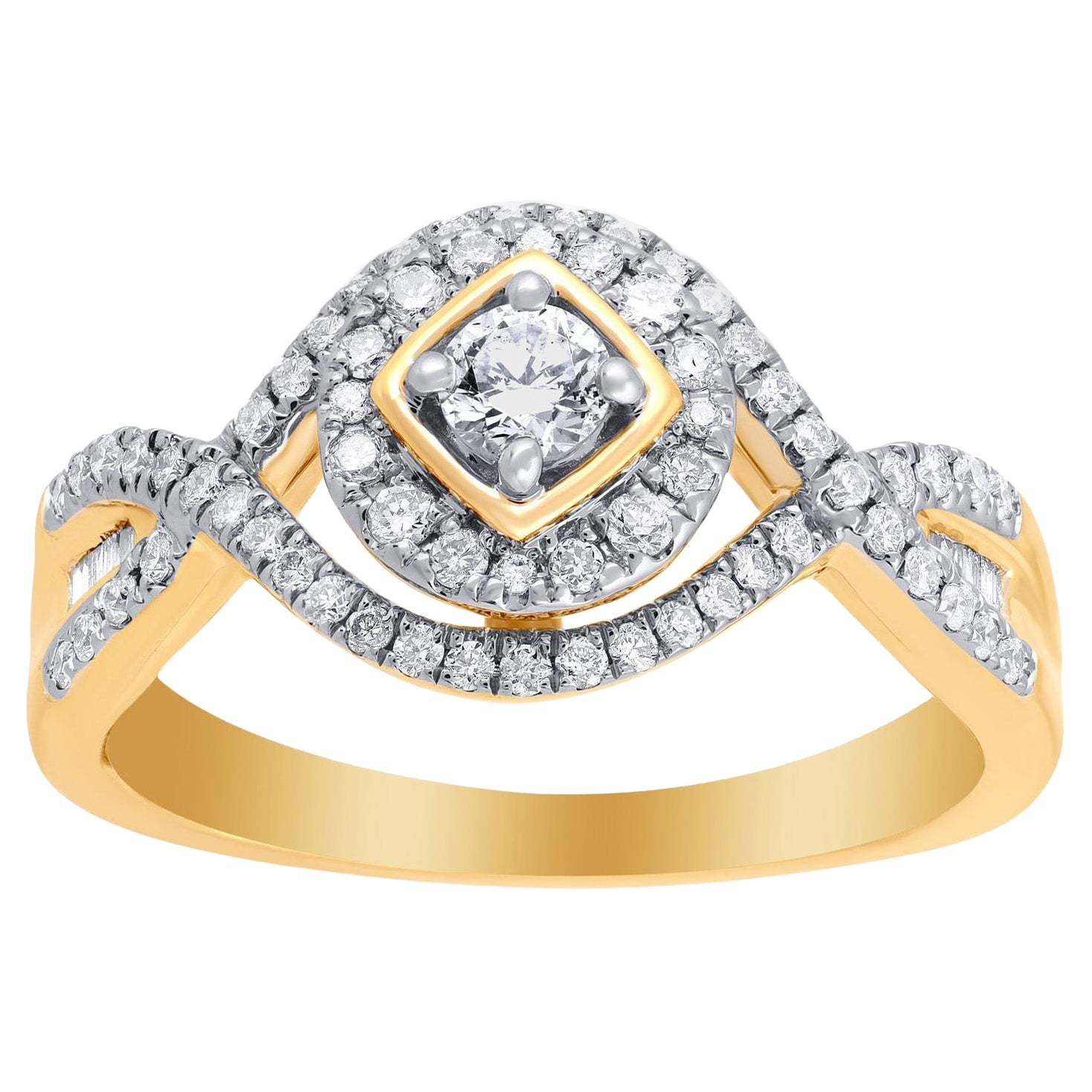 TJD 0.50 CT Round 
Baguette Diamond 14KT Yellow Gold Halo Engagement Ring