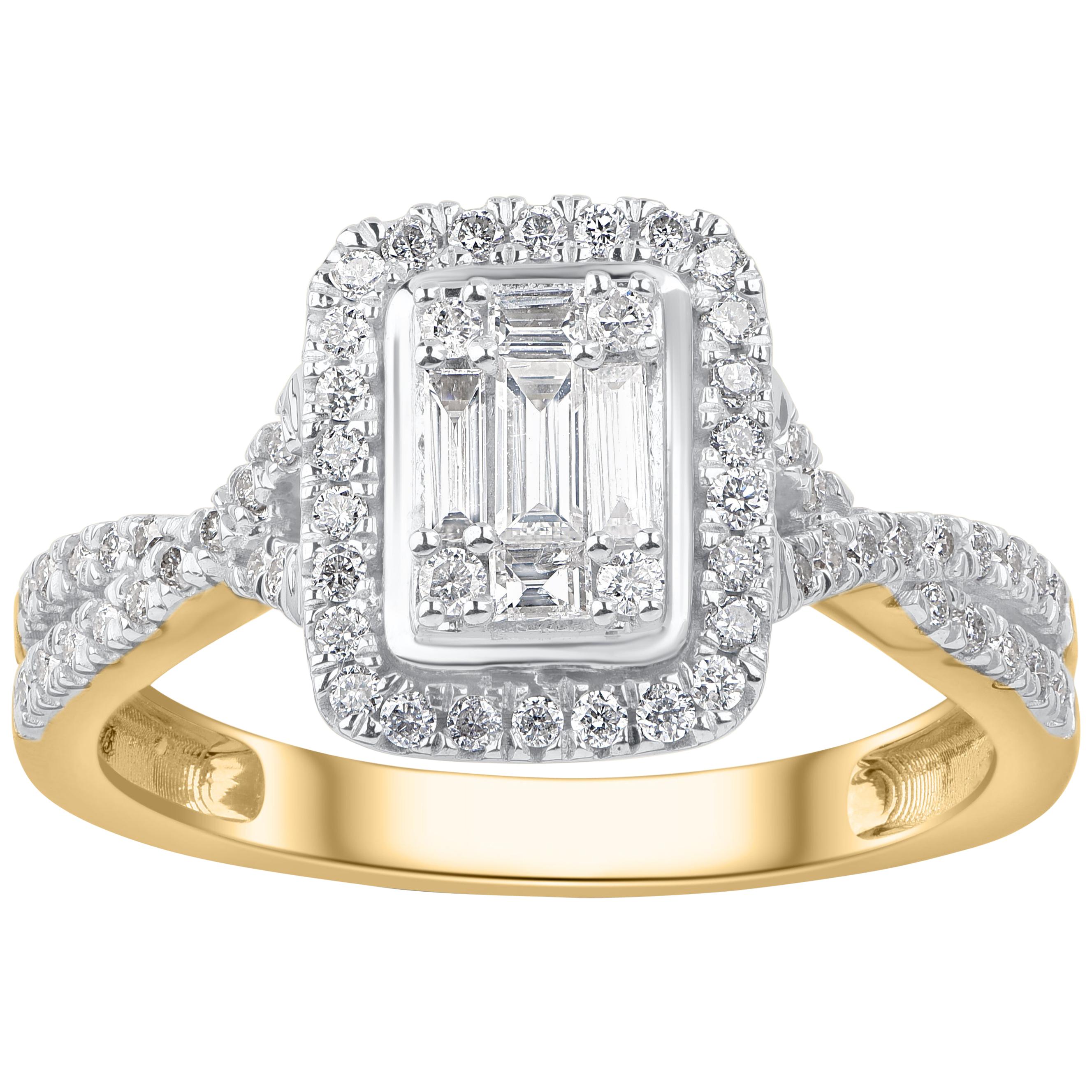 TJD 0.50 CTW Round and Baguette Diamond 10KT Yellow Gold Twist Engagement Ring