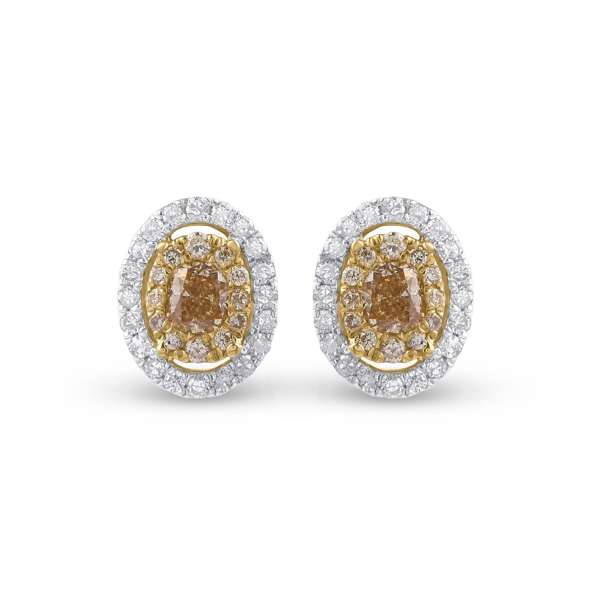 Contemporary TJD 0.50 Multicolor Diamond 14 Karat Yellow Gold Oval Shape Halo Earrings For Sale