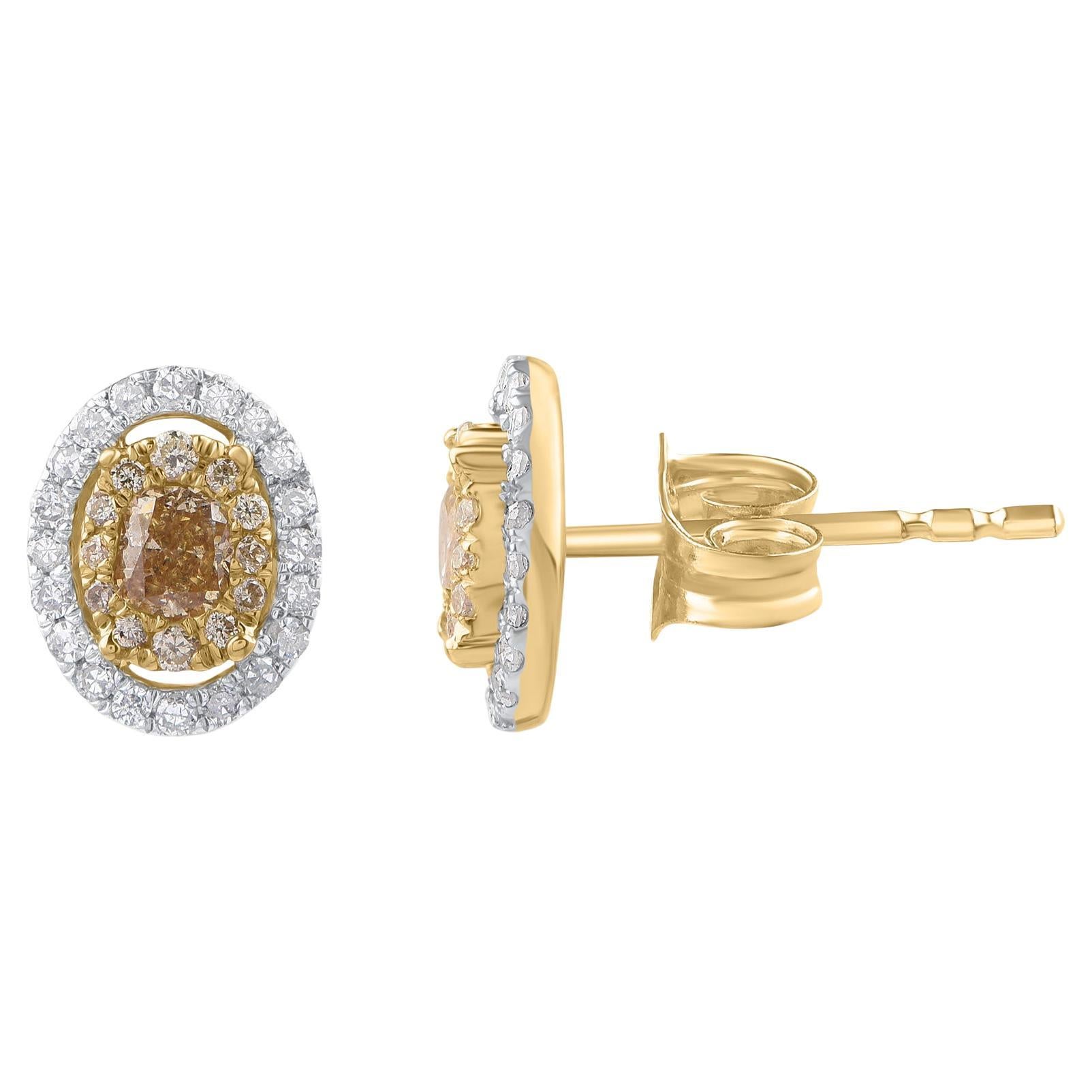 TJD 0.50 Multicolor Diamond 14 Karat Yellow Gold Oval Shape Halo Earrings For Sale
