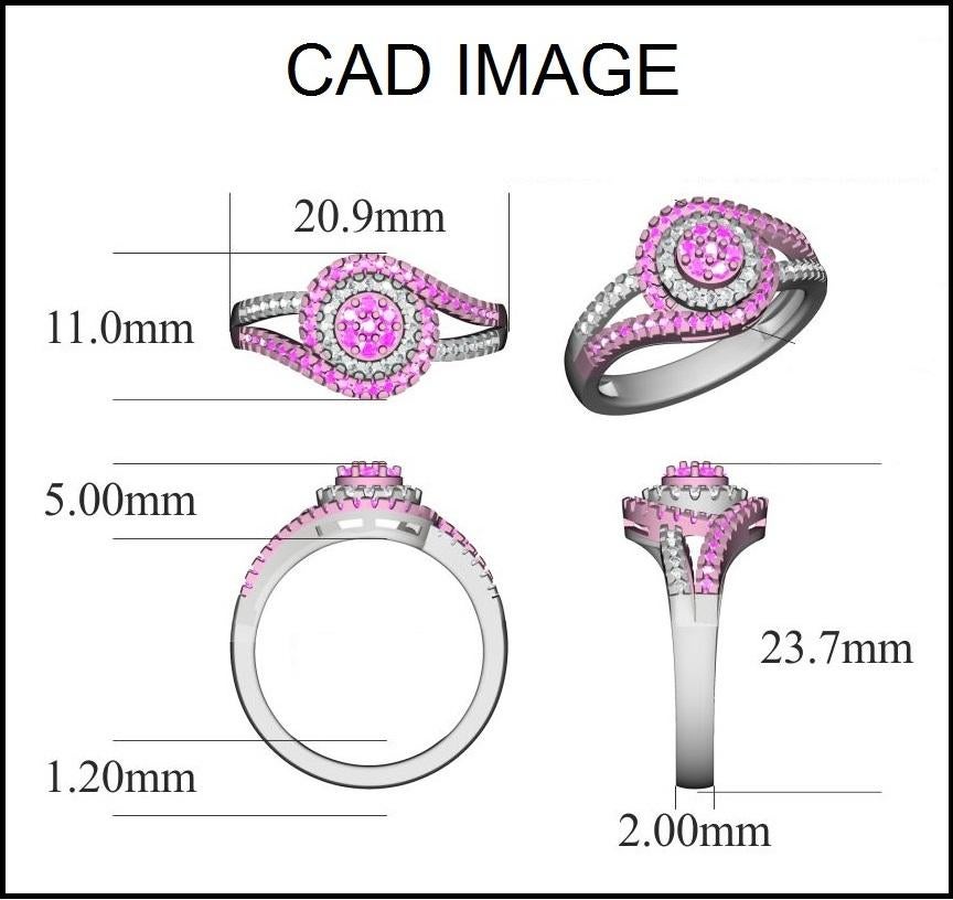 Wow her with the scintilating look of this diamond twisted cluster ring. This engagement ring is beautifully designed and studded with 28 white and 45 pink diamond set in prong and micro prong setting. We only use natural, 100% conflict free