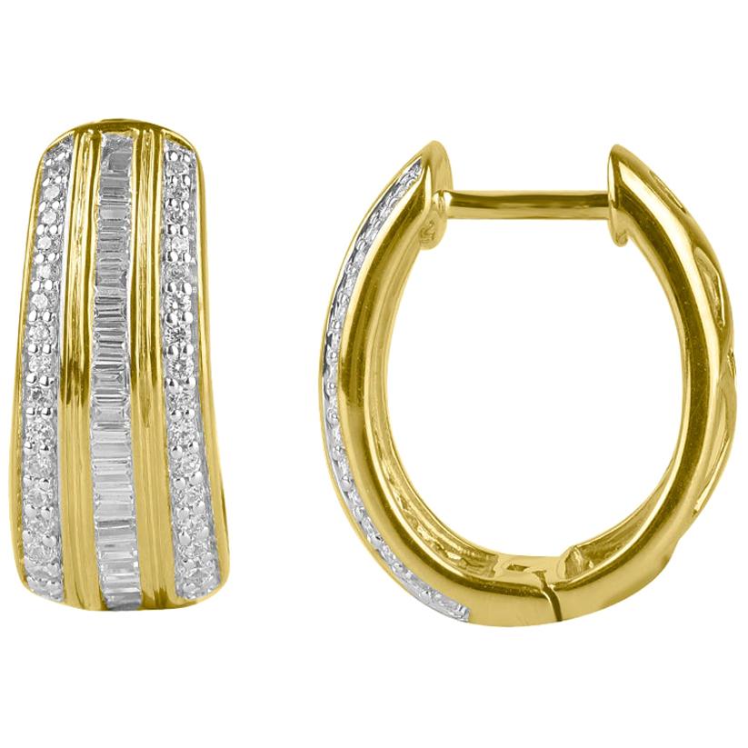 TJD 0.50Carat Round & Baguette Diamond 14 Karat Yellow Gold Huggie Hoop Earrings For Sale