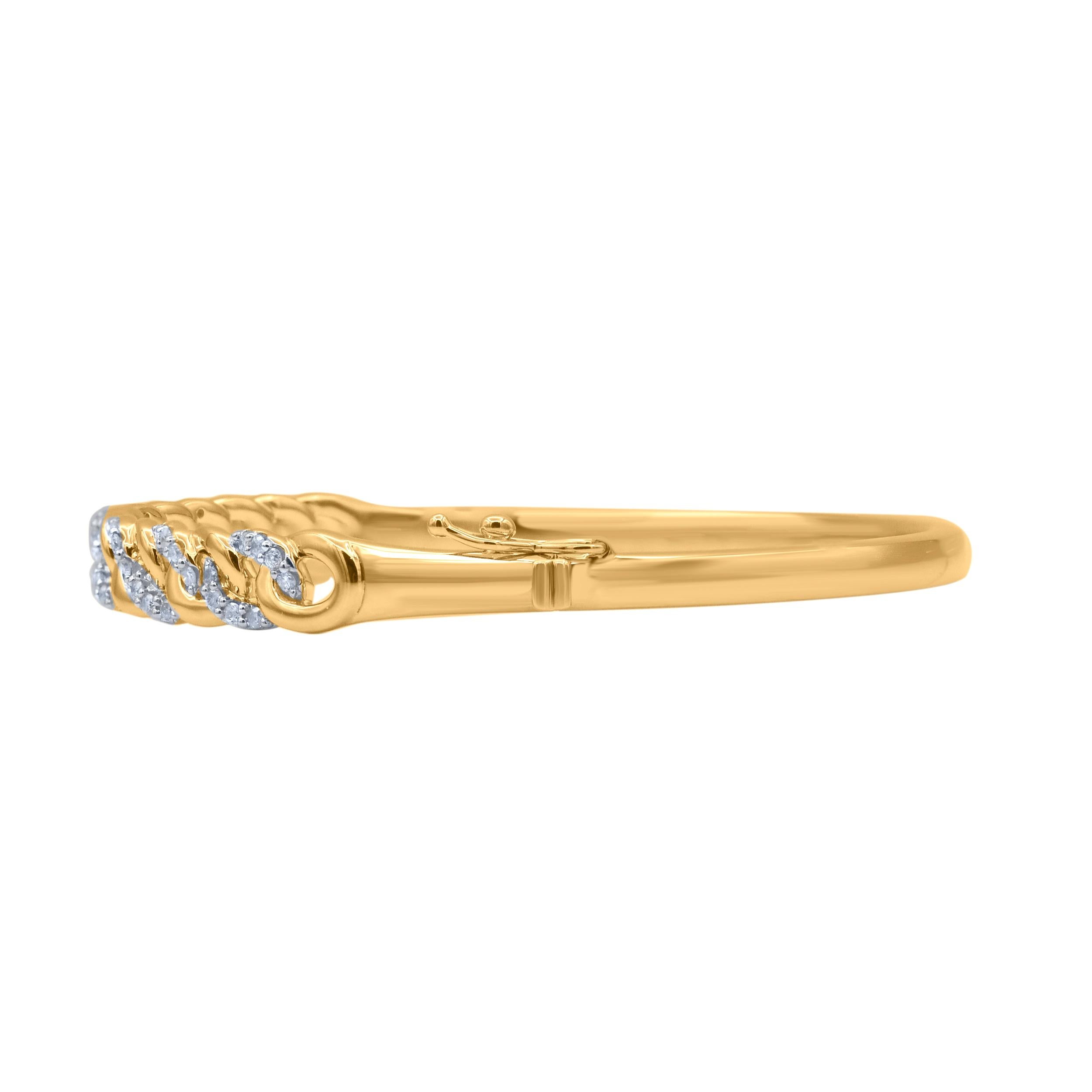 Turn heads with this eye-catching diamond bangle bracelet. This Interlink bangle bracelet features 56 natural round brilliant cut diamonds in prong setting and crafted in 14kt yellow gold. Diamonds are graded H-I color, I2 clarity. 
