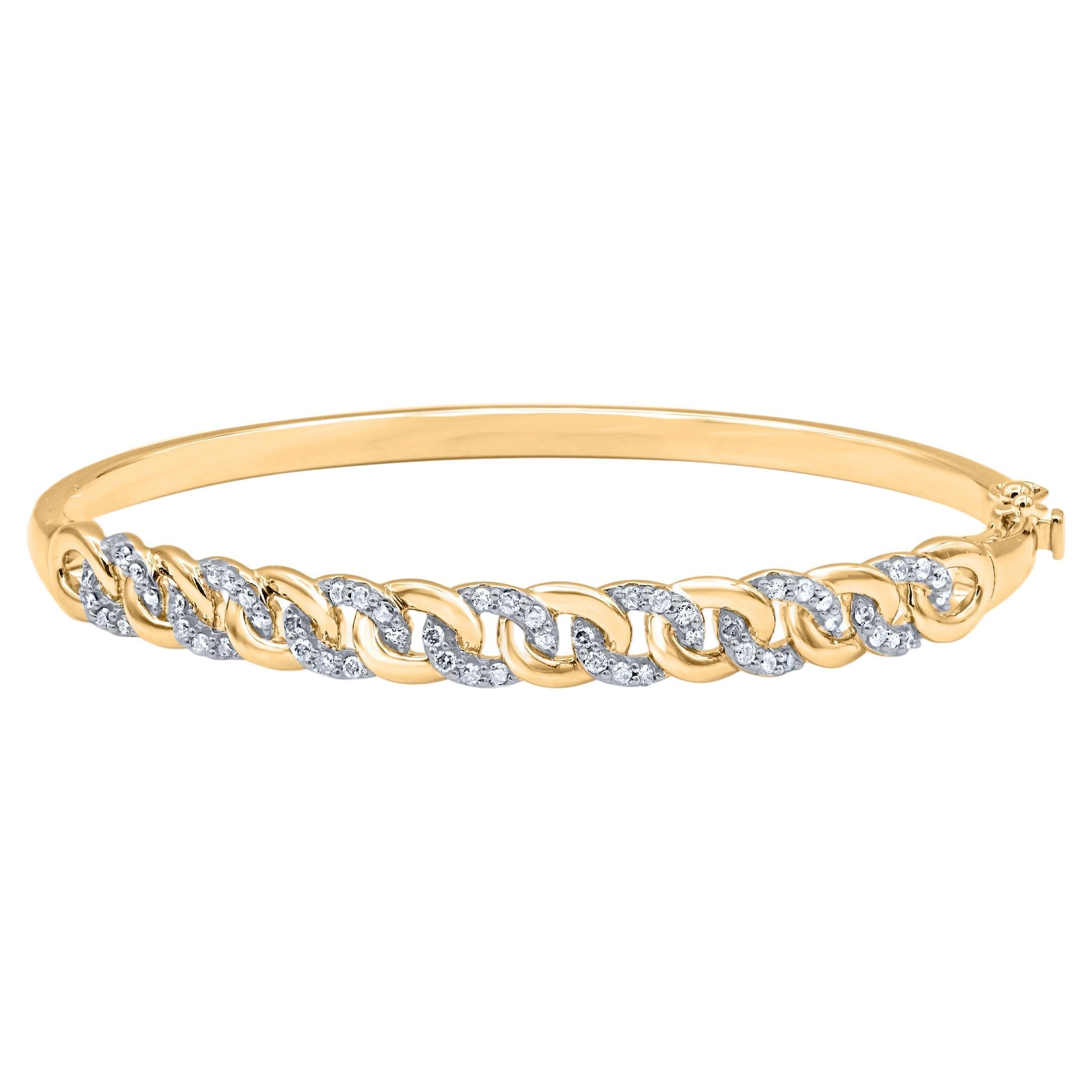 TJD 0.50Ct Natural Round Diamond Interlink Bangle Bracelet in 14KT Yellow Gold For Sale