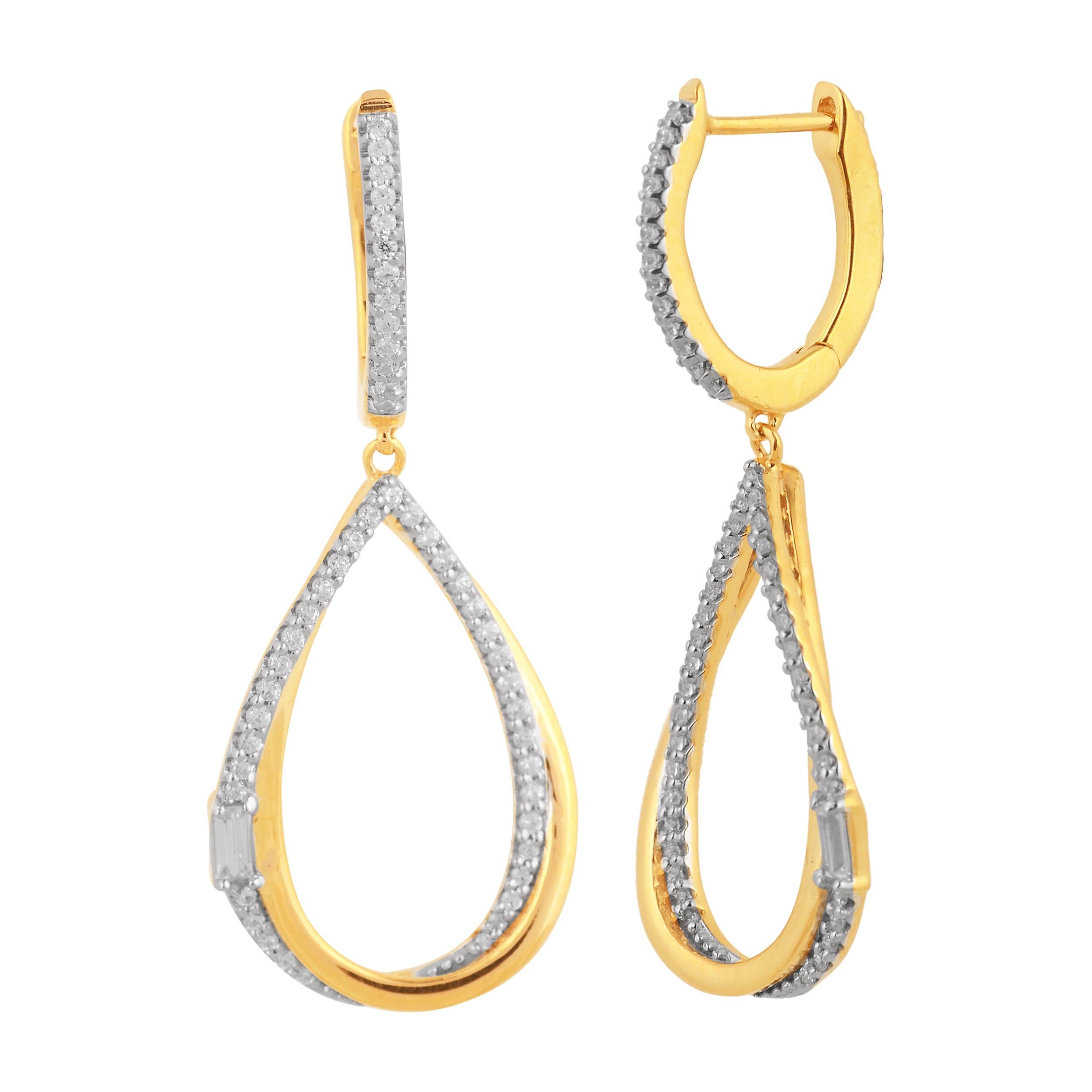 TJD 0.51carat Round/Baguette Diamond 14k Yellow Gold Entangled Teardrop Earrings For Sale